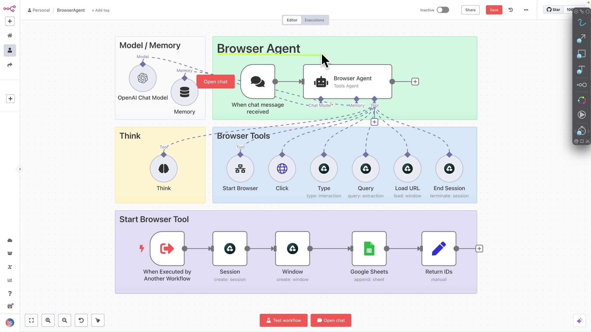 n8n Workflow with Browser Agent and Tools