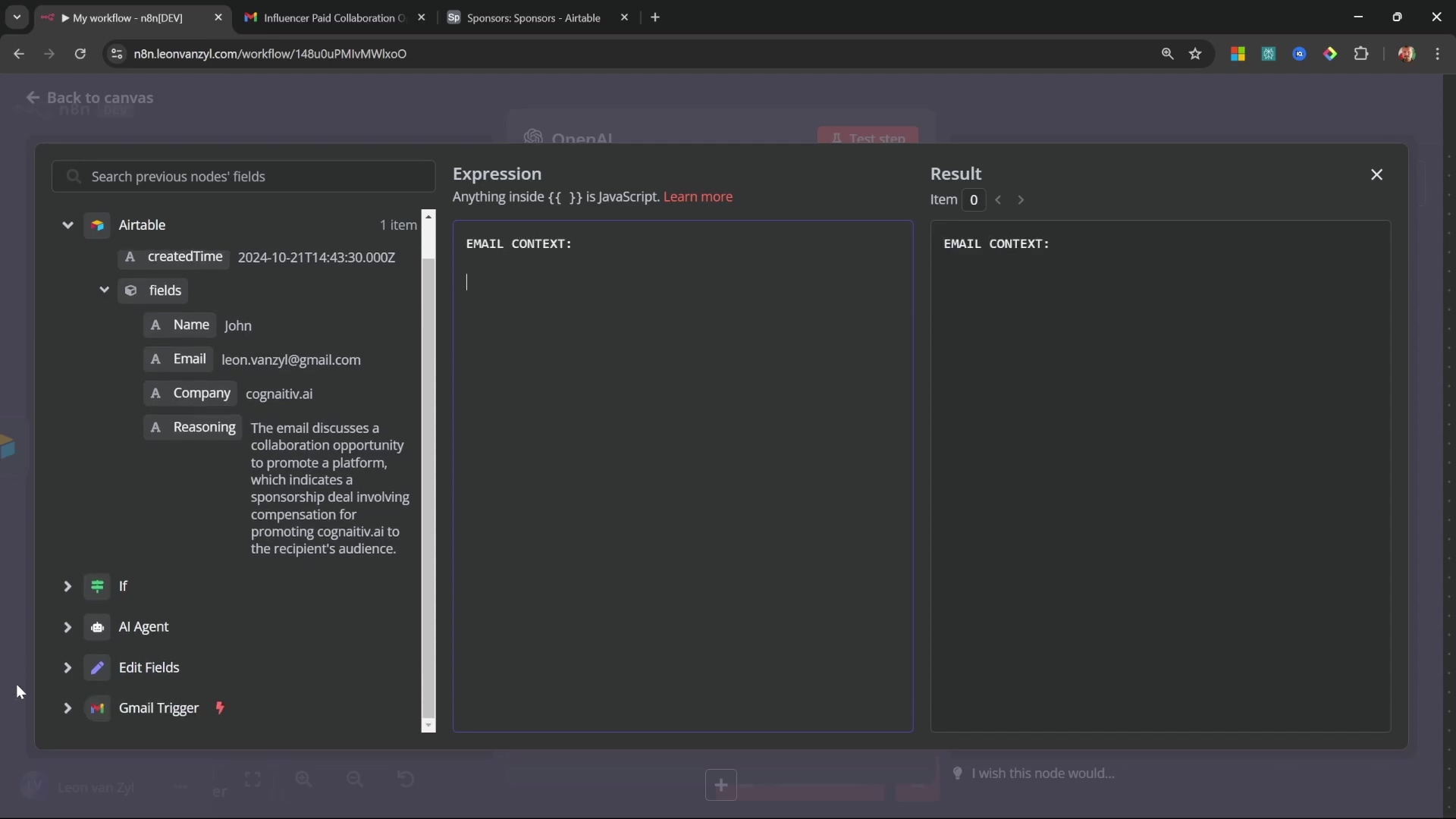 N8N expression editor showing blank email context