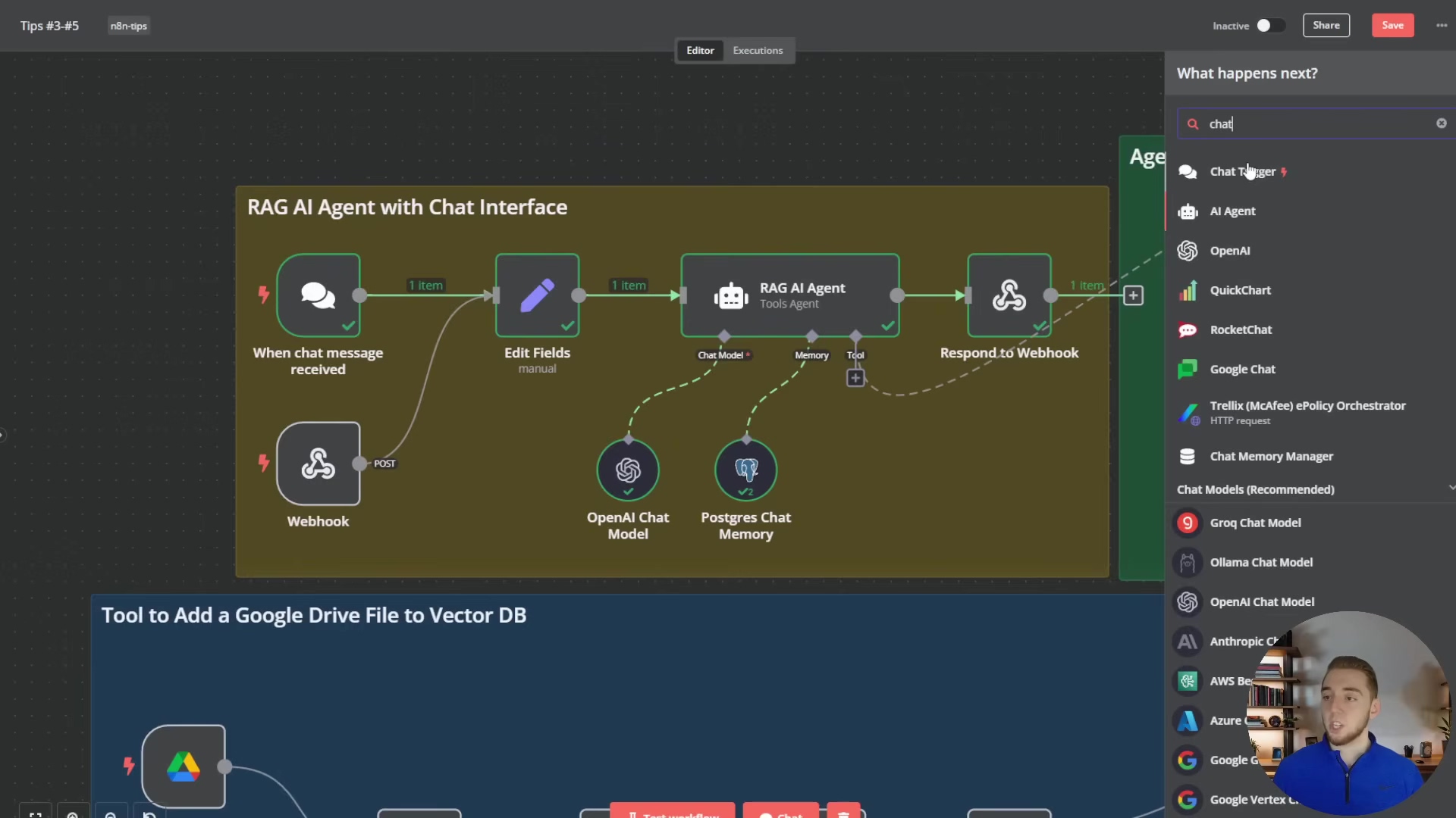 The image displays the n8n workflow interface with a sidebar open on the right, titled 'What happens next?'. The sidebar shows a search bar with 'chat' typed into it, and a list of nodes below, including 'Chat Trigger', 'AI Agent', 'OpenAI', 'QuickChat', 'RocketChat', 'Google Chat', 'Trellix (McAfee) ePolicy Orchestrator', 'Chat Memory Manager', 'Grog Chat Model', 'Ollama Chat Model', and 'OpenAI Chat Model'. The main workflow area shows a 'RAG AI Agent with Chat Interface' section with nodes like 'When chat message received', 'Edit Fields', 'RAG AI Agent', 'Respond to Webhook', 'Webhook', 'OpenAI Chat Model', and 'Postgres Chat Memory'. A 'Tool to Add a Google Drive File to Vector DB' section is partially visible at the bottom. A young man is visible in the bottom right corner, looking towards the screen.