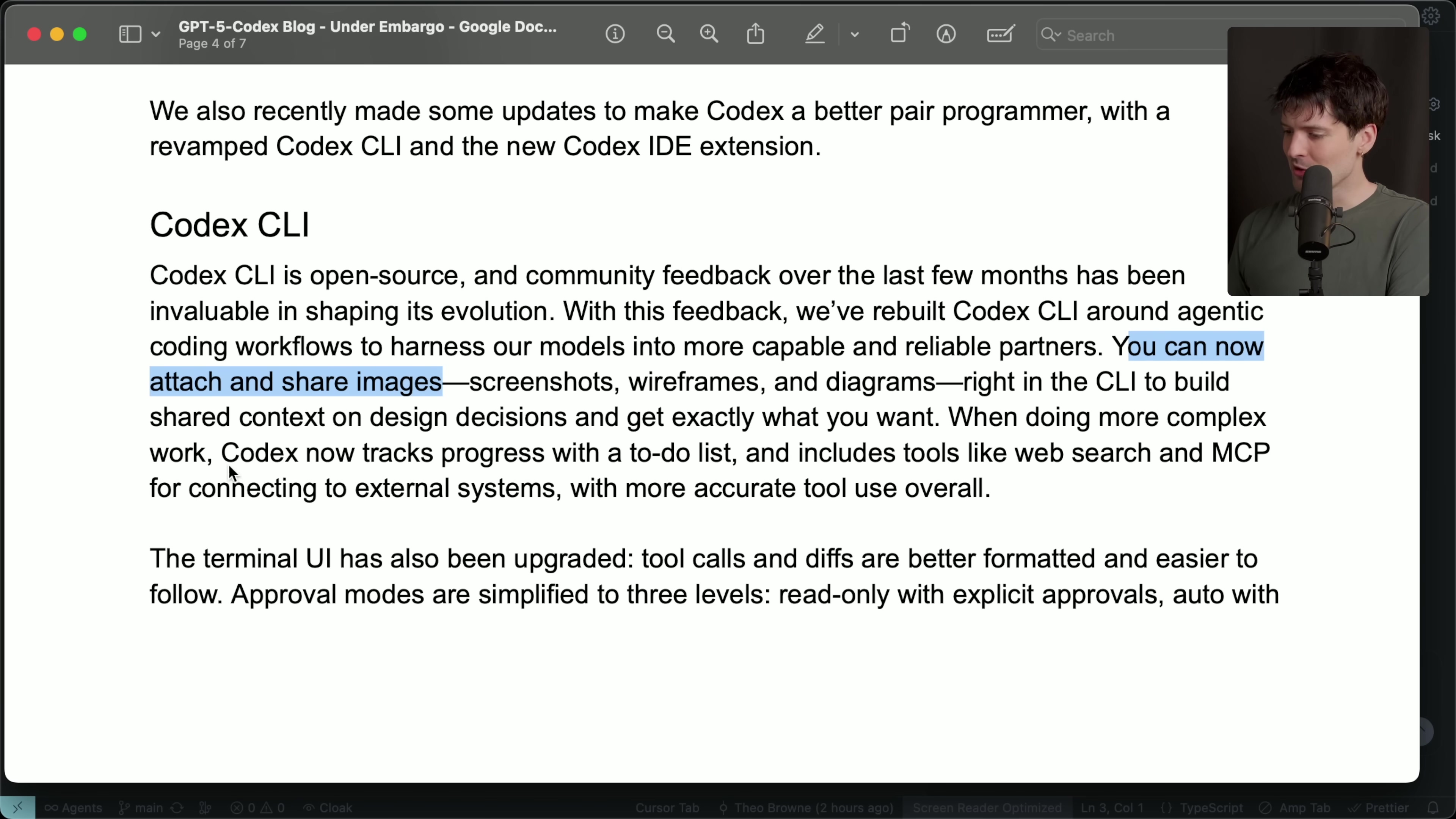 Document titled "GPT-5-Codex Blog - Under Embargo" discussing CLI and IDE extension updates