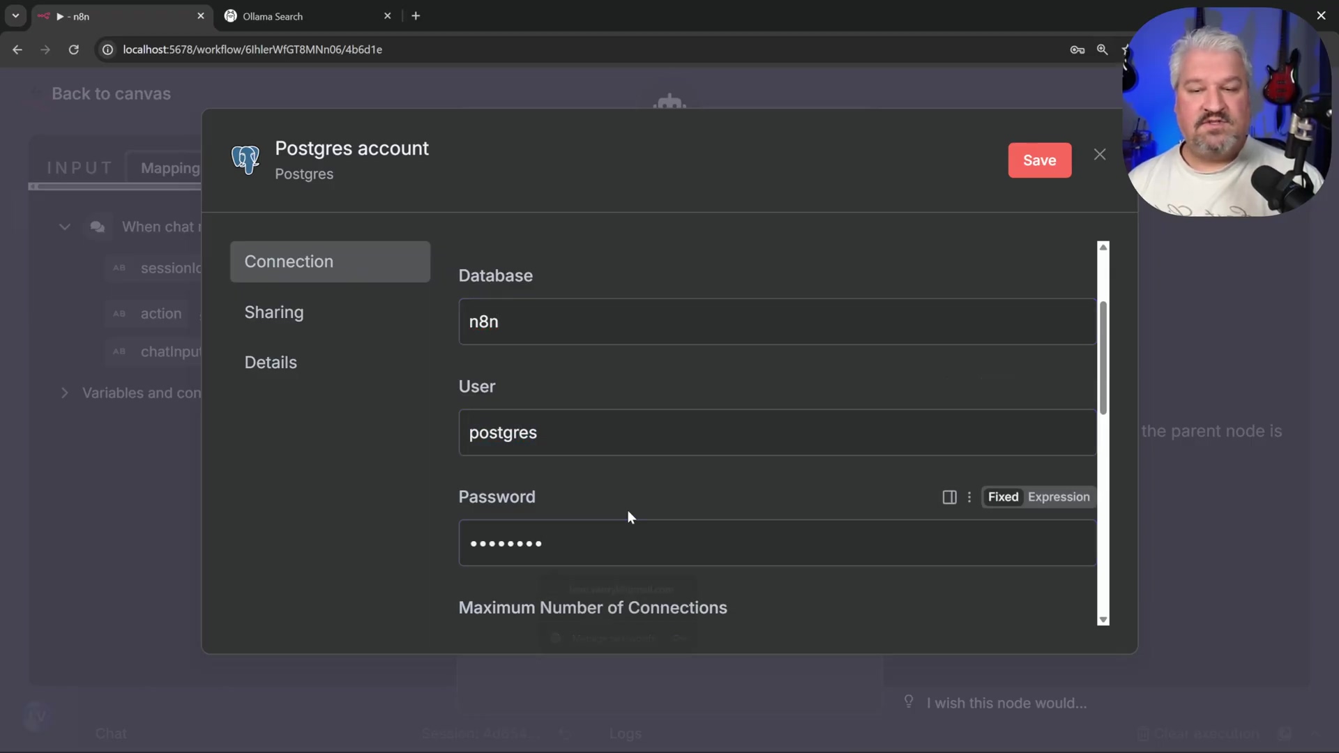n8n Postgres account configuration pop-up
