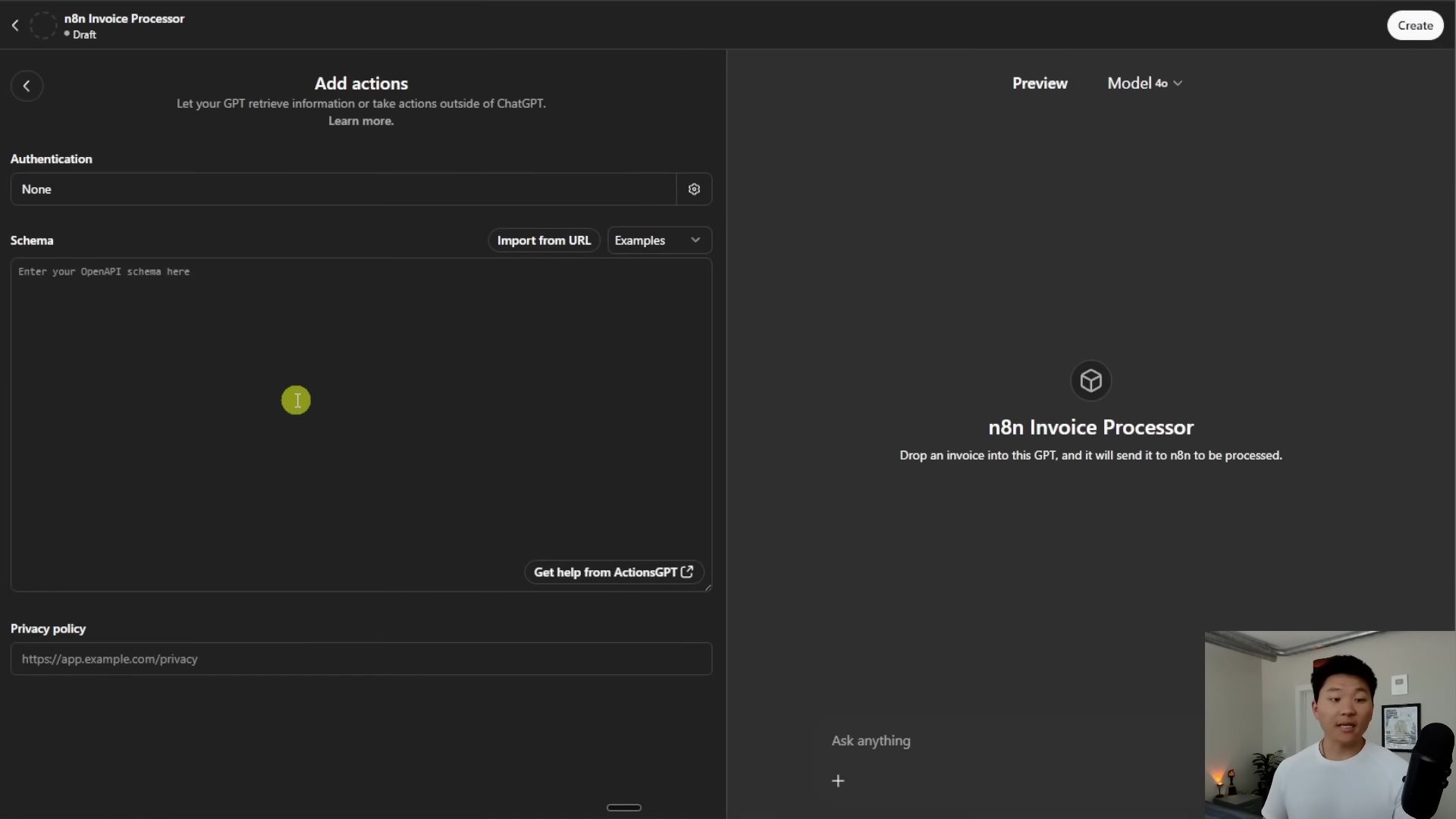 The image displays a computer screen showing the configuration interface for a custom GPT named 'n8n Invoice Processor'. A man in a black t-shirt is visible in the bottom right corner, looking towards the screen. The interface is dark gray with white text. On the left side, under the 'Add actions' section, there's a prompt 'Let your GPT retrieve information or take actions outside of ChatGPT. Learn more.'. Below this, there are sections for 'Authentication' (set to 'None') and 'Schema'. The 'Schema' section has an input field labeled 'Enter your OpenAPI schema here' and buttons 'Import from URL' and 'Examples'. A green circle with the number '1' is highlighted in the schema input field, indicating where the schema should be pasted. At the bottom left, there's a 'Privacy policy' section with a placeholder URL 'https://app.example.com/privacy'. The right side of the screen shows a 'Preview' section with 'Model 4o' selected, and a text area below it that reads 'n8n Invoice Processor' and 'Drop an invoice into this GPT, and it will send it to n8n to be processed.' Below this is an 'Ask anything' input field with a '+' button.