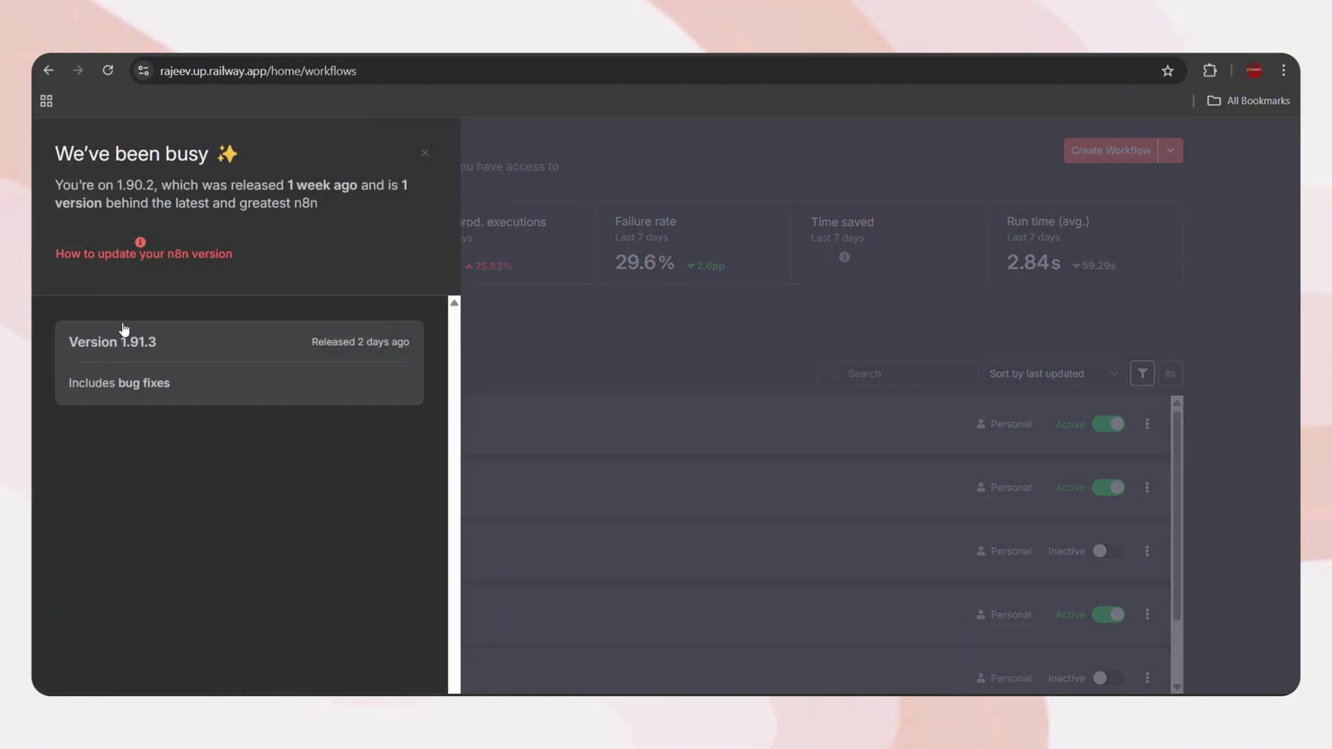 n8n dashboard showing software version and update availabili