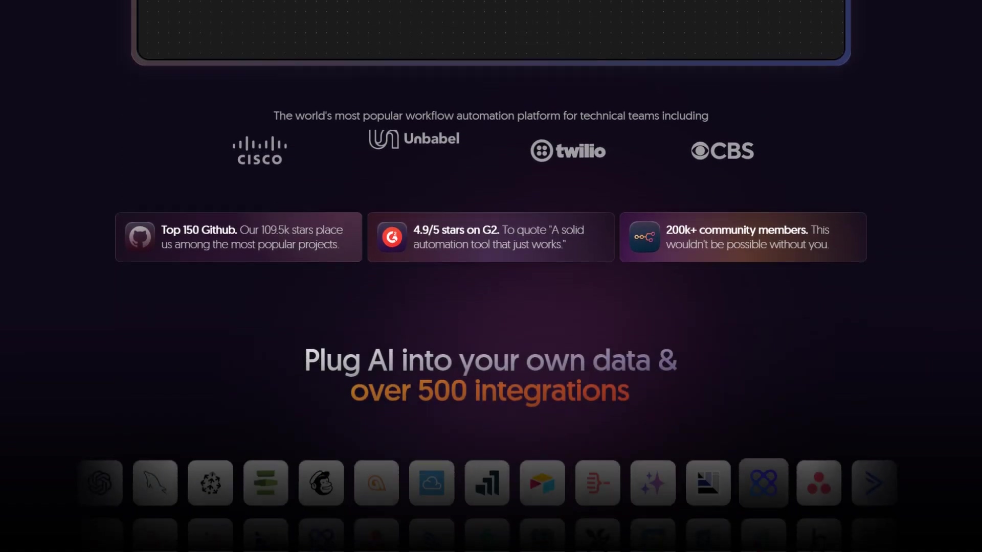 The image displays a dark background with text and logos, emphasizing the popularity and capabilities of n8n. At the top, a line of text states, "The world's most popular workflow automation platform for technical teams including". Below this, logos of prominent companies like 'CISCO', 'Unbabel', 'twilio', and 'CBS' are displayed, indicating their use of the platform. Further down, three rectangular information boxes highlight key achievements: 'Top 150 Github. Our 109.5k stars place us among the most popular projects.', '4.9/5 stars on G2. To quote "A solid automation tool that just works."', and '200k+ community members. This wouldn't be possible without you'. At the bottom, a large heading reads "Plug AI into your own data & over 500 integrations", followed by a row of numerous small, colorful application icons, suggesting a wide range of integrations.