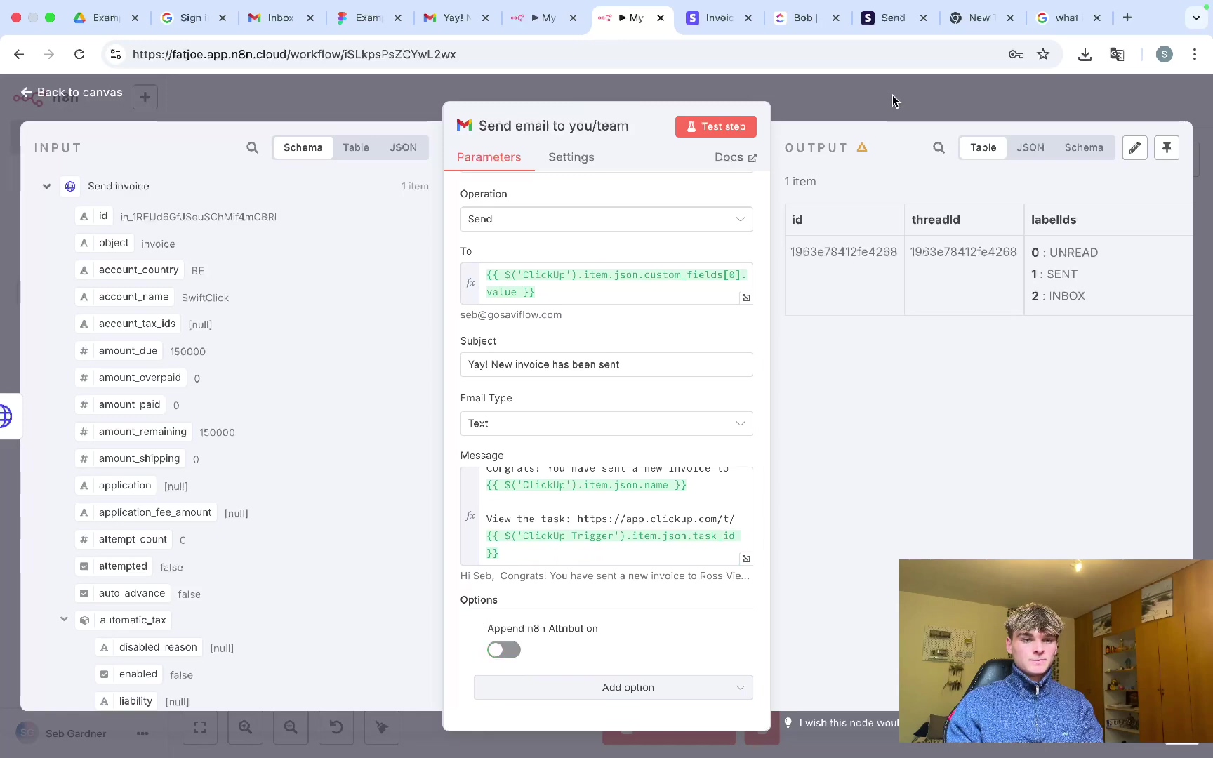 n8n workflow with 'Send email to you/team' node