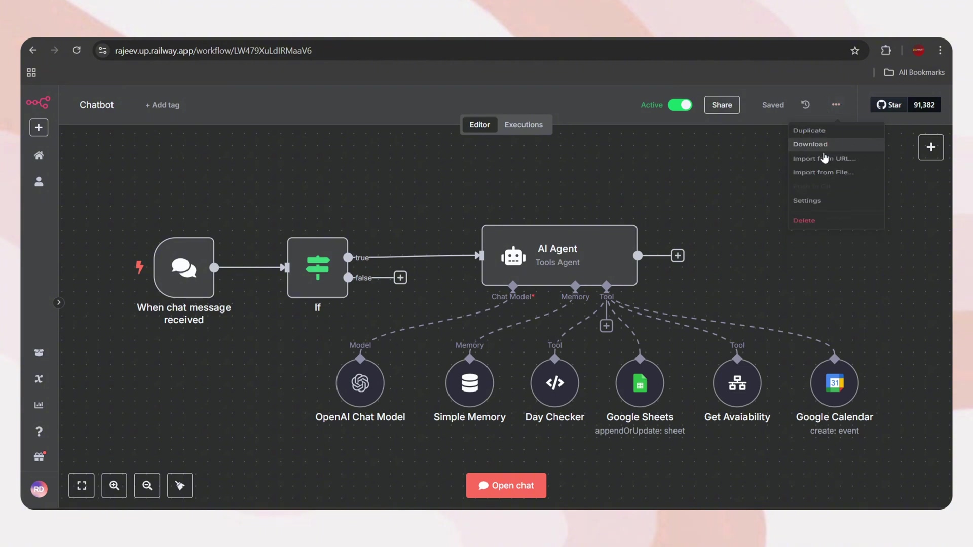 n8n workflow editor with download option selected
