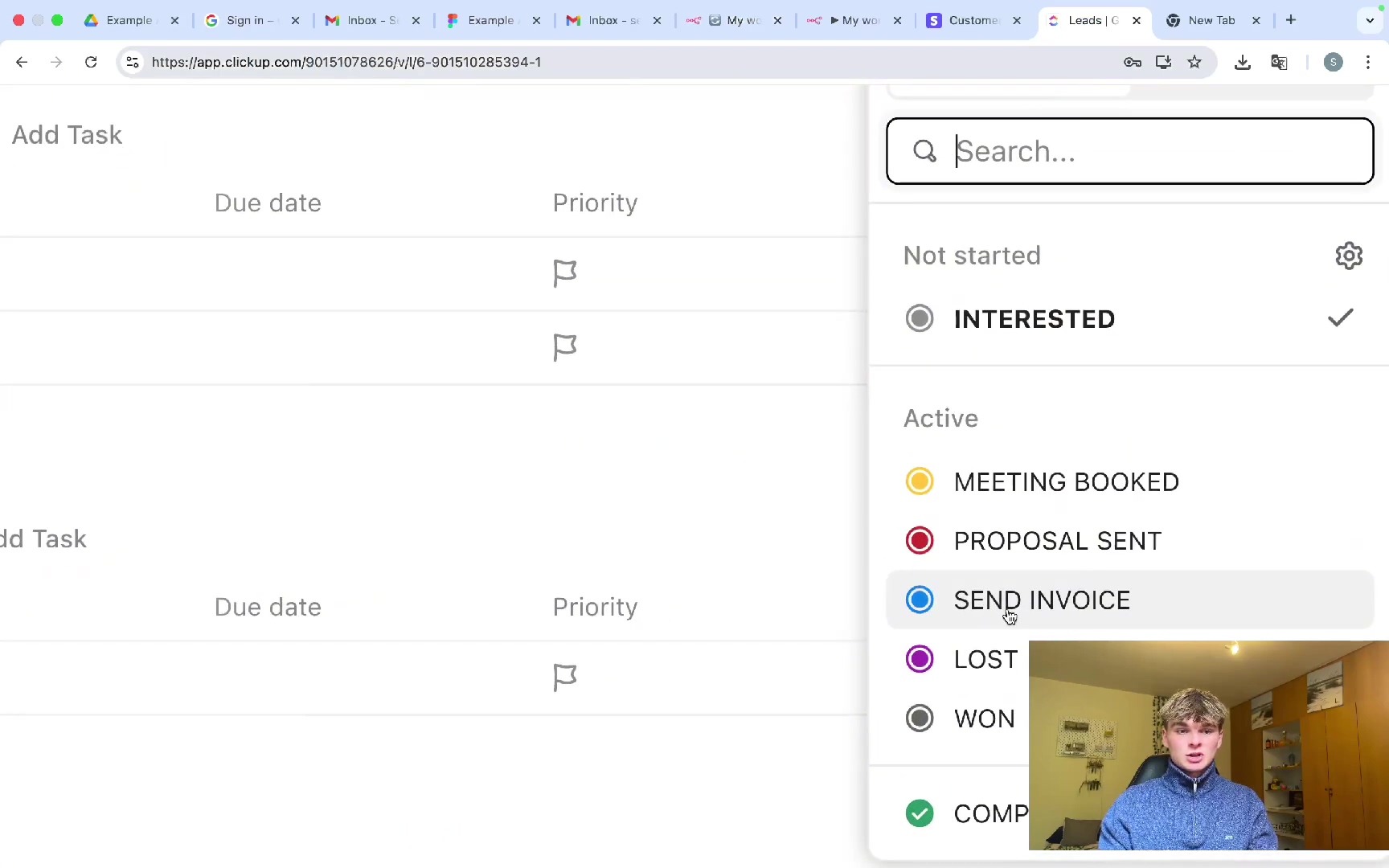 ClickUp interface with 'Send Invoice' status selected