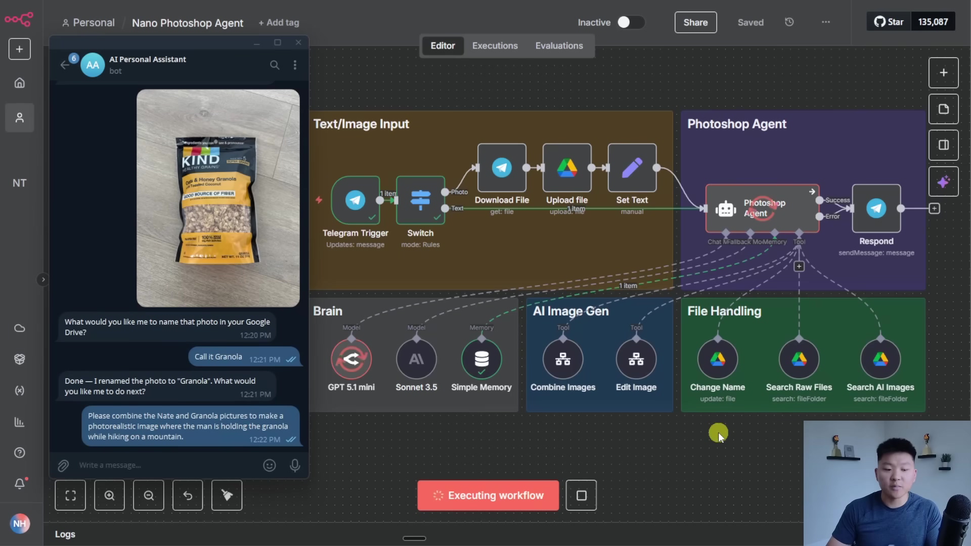 The image displays a split screen, with the left side showing a Telegram chat interface and the right side showing an n8n workflow editor. In the Telegram chat, a user is interacting with an 'AI Personal Assistant' bot, sending an image of a 'KIND' granola bar and then receiving prompts and sending messages like 'Call it Granola' and 'Please combine the Nate and Granola pictures to make a photorealistic image where the man is holding the granola while hiking on a mountain.' The n8n workflow on the right shows interconnected nodes representing 'Text/Image input', 'Photoshop Agent', 'Brain', 'AI Image Gen', and 'File Handling'. Specific nodes visible include 'Telegram Trigger', 'Download File', 'Upload File', 'Set Text', 'Photoshop Agent', 'Respond', 'GPT 5.1 mini', 'Sonnet 3.5', 'Simple Memory', 'Combine Images', 'Edit Image', 'Change Name', 'Search Raw Files', and 'Search AI Images'. A person is visible in the bottom right corner, looking at the screen.