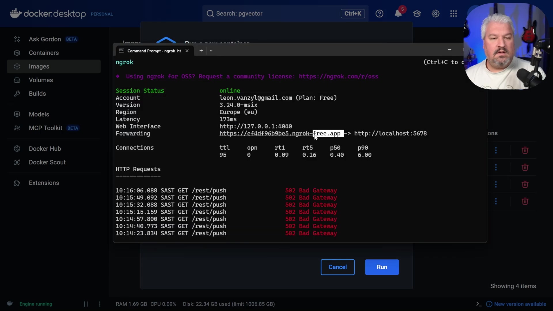 Docker Desktop and Ngrok terminal showing public forwarding