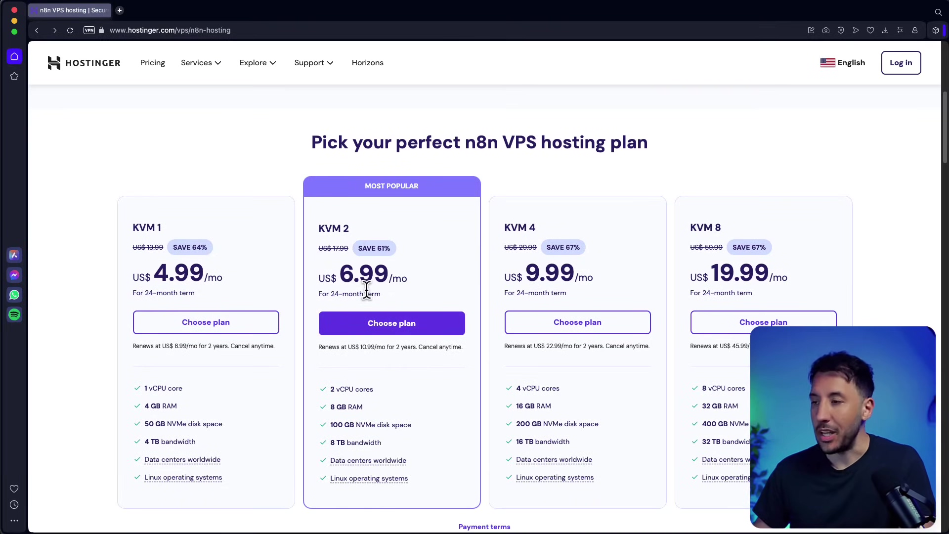 The image displays the Hostinger website, specifically the VPS hosting plan selection page. Four different KVM VPS plans are presented in columns: KVM 1, KVM 2, KVM 4, and KVM 8. Each column shows the original price, a discounted price, and the monthly cost for a 24-month term. KVM 2 is highlighted as "MOST POPULAR" with a price of "US$ 6.99 /mo" and a "SAVE 67%" badge. Below each plan, detailed specifications are listed, including CPU cores, RAM, NVMe disk space, bandwidth, data centers, and operating systems (Linux). A "Choose plan" button is present under each option. The video presenter is visible in a small inset at the bottom right.