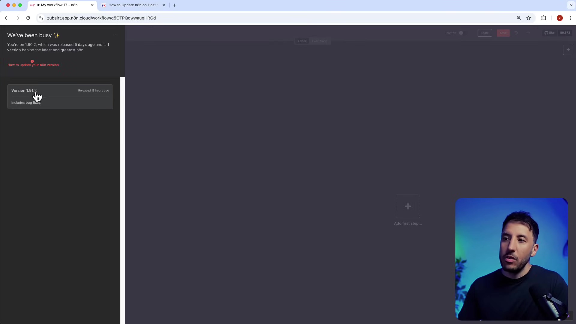 The image displays a software interface, likely a workflow automation tool, with a sidebar on the left showing a notification about an outdated version. The main area is a blank canvas for building workflows. A pop-up window in the bottom left corner shows 'Version 1.91.1' and 'Released 10 hours ago', with a button to update. A man is visible in the bottom right corner, looking towards the screen. The browser tabs at the top indicate 'My workflow 17 - n8n' and 'How to Update n8n on Hostinger'.