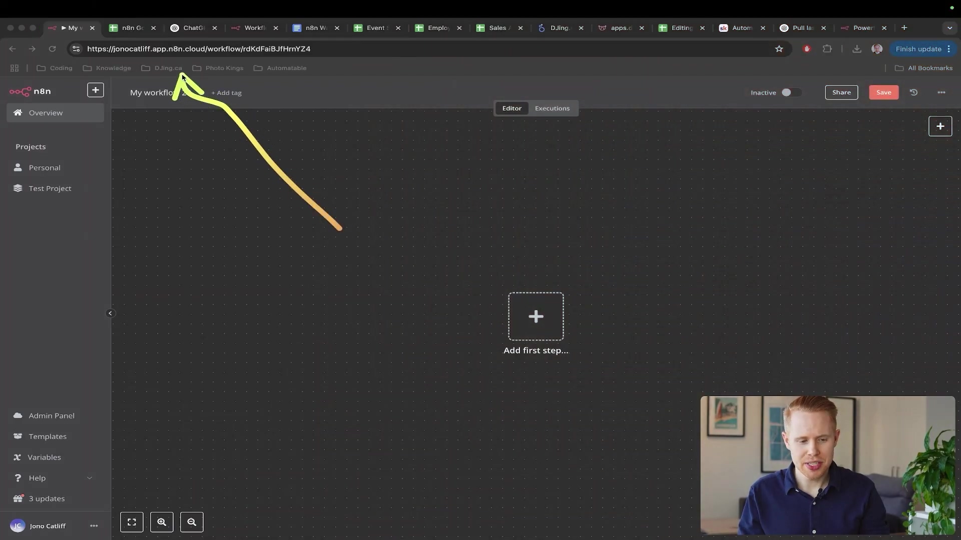 n8n workflow interface showing 'Add first step...'