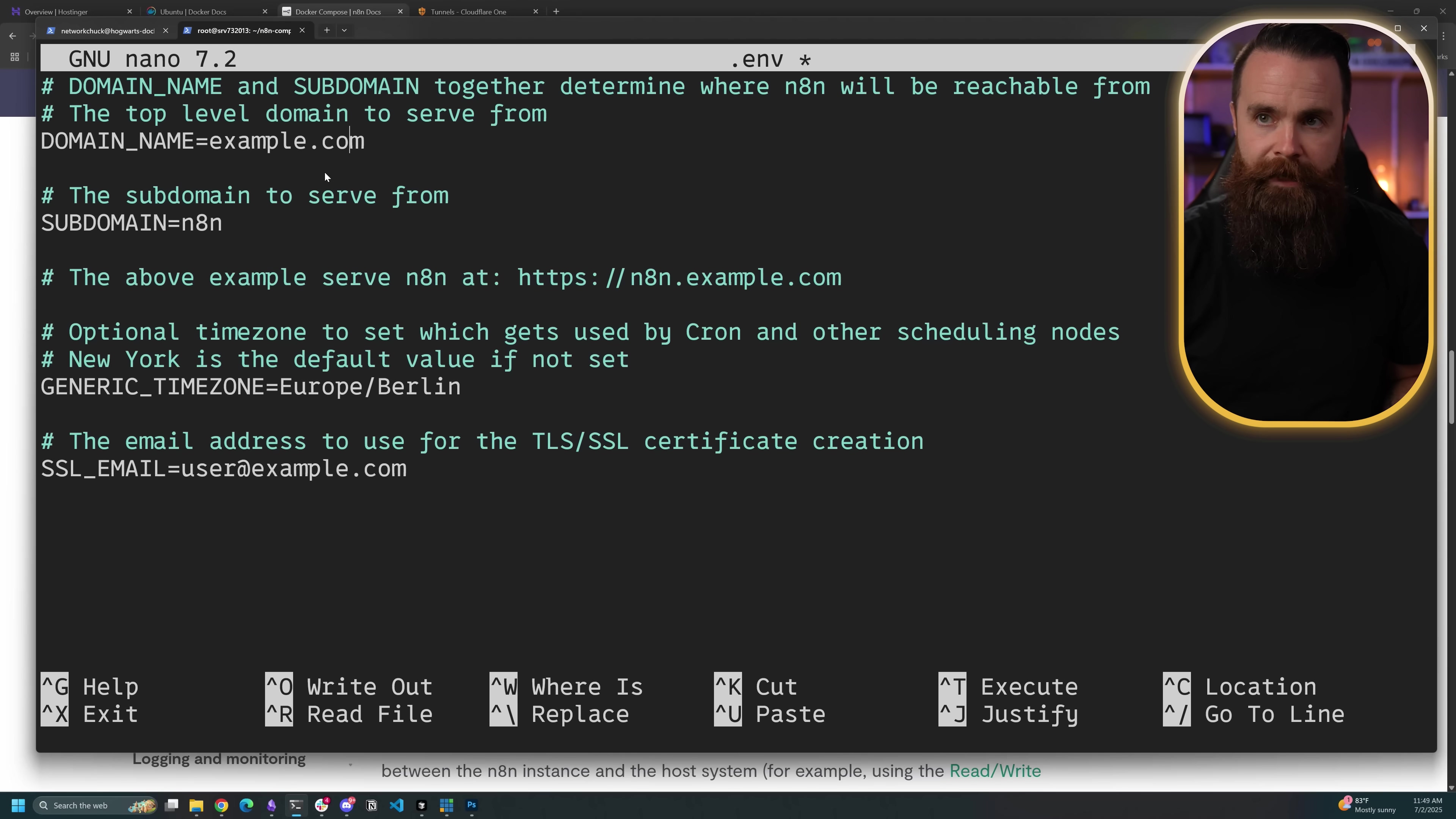 The image shows a terminal window displaying the content of a .env file being edited using the GNU nano text editor, version 7.2. The file contains configuration variables for an n8n instance. Key variables include DOMAIN_NAME and SUBDOMAIN, with comments explaining their purpose for determining where n8n will be reachable. DOMAIN_NAME is set to example.com and SUBDOMAIN to n8n. There's a comment indicating that this setup would result in n8n being accessible at: https://n8n.example.com. Optional settings for GENERIC_TIMEZONE (set to Europe/Berlin) and SSL_EMAIL (set to user@example.com) are also present. At the bottom of the screen, nano editor commands are listed, such as ^G Help, ^O Write Out, ^X Exit, ^R Read File, ^K Cut, ^J Justify, ^W Where Is, ^U Paste, ^T Execute, and ^C Location. A man with a beard is visible in the top right corner of the image, partially obscuring the terminal window.