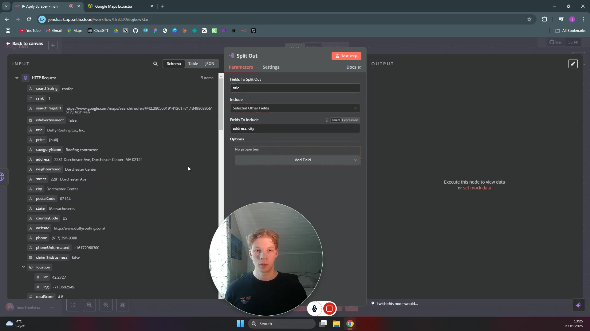 The image displays an N8N workflow interface, focusing on the 'Split Out' node. The 'INPUT' panel on the left shows detailed data from an HTTP Request, including various fields like 'title', 'address', 'city', 'website', 'phoneUnformatted'. The 'Split Out' node's 'Parameters' tab is active, with 'Fields To Split Out' set to 'title' and 'Include' set to 'Selected Other Fields'. Below this, 'Fields To Include' lists 'address' and 'city', with 'Options' showing 'No properties'. A small video overlay of a person speaking is in the bottom center. The top bar shows browser tabs for 'Apify Scraper - n8n' and 'Google Maps Extractor'.