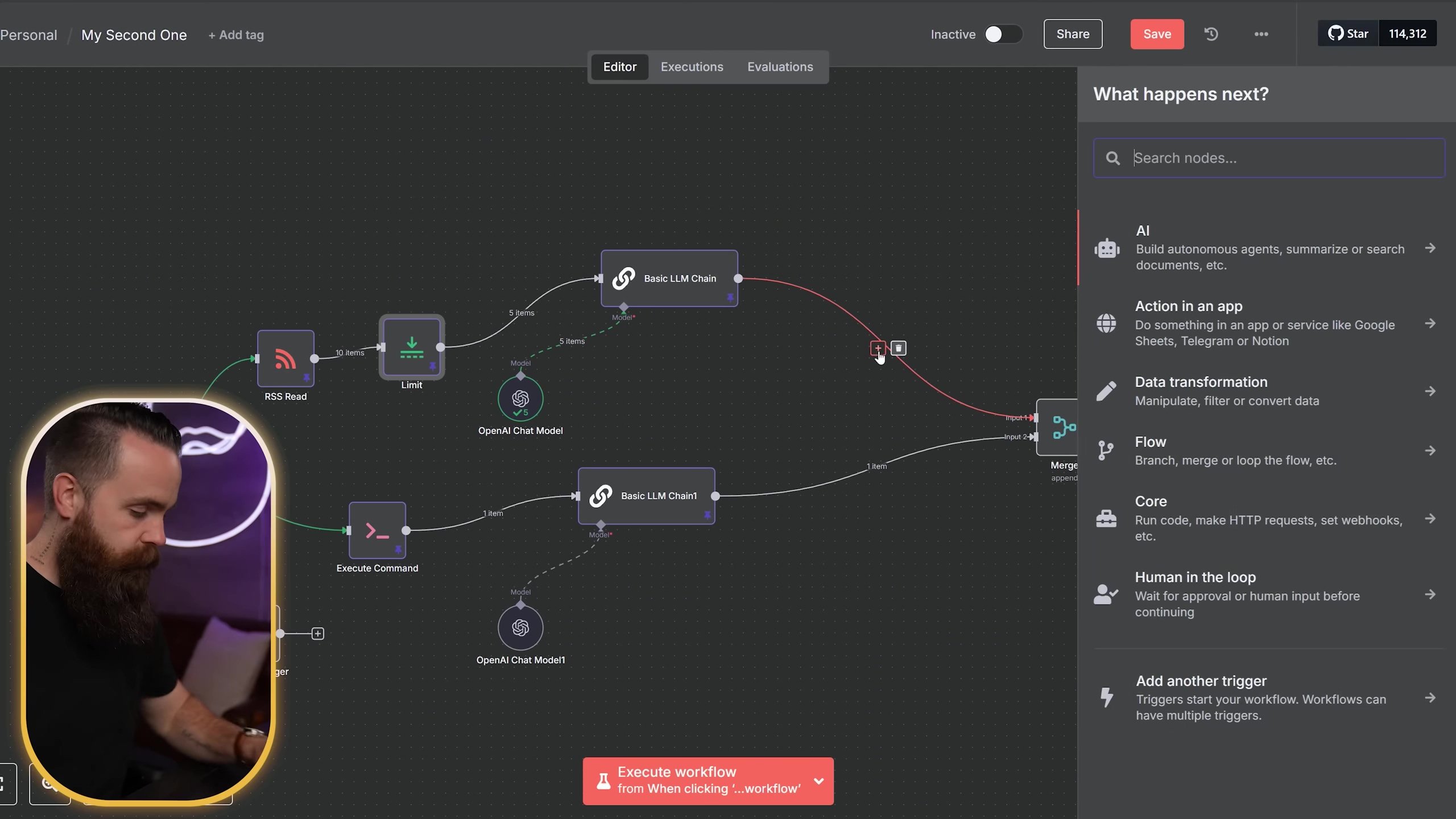 The image displays the n8n workflow editor with a sidebar titled 'What happens next?' open on the right. The workflow includes an 'RSS Read' node connected to a 'Limit' node, which then connects to 'Basic LLM Chain' and 'OpenAI Chat Model' nodes. Below, an 'Execute Command' node connects to 'Basic LLM Chain1' and 'OpenAI Chat Model1' nodes. A 'Merge' node is visible on the right, connected to the LLM chains. The man from the previous image is still visible in the lower-left corner. The top bar shows 'Personal', 'My Second One', '+ Add tag', 'Editor', 'Executions', 'Evaluations', 'Inactive' toggle, 'Share', 'Save' button, and 'Star 114,312'. The 'What happens next?' sidebar lists categories like 'AI', 'Action in an app', 'Data transformation', 'Flow', 'Core', 'Human in the loop', and 'Add another trigger' with descriptions.