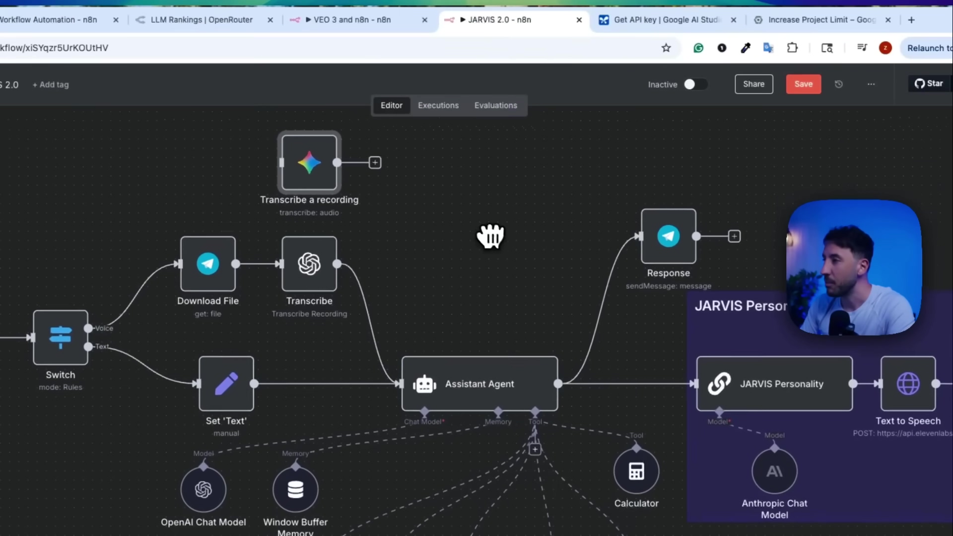 The image displays a complex n8n workflow diagram, illustrating an AI automation process. The workflow starts with a 'Switch' node, leading to a 'Download File' node, then a 'Transcribe Recording' node. This feeds into an 'Assistant Agent' node, which is connected to multiple other nodes including 'OpenAI Chat Model', 'Window Buffer Memory', and 'Calculator'. The 'Assistant Agent' also connects to a 'JARVIS Personality' node and a 'Text to Speech' node. On the far right, there's a 'Response' node. A hand icon is visible in the center of the workflow. A man is visible in a circular overlay at the bottom right, looking at the screen. The interface uses a dark theme.
