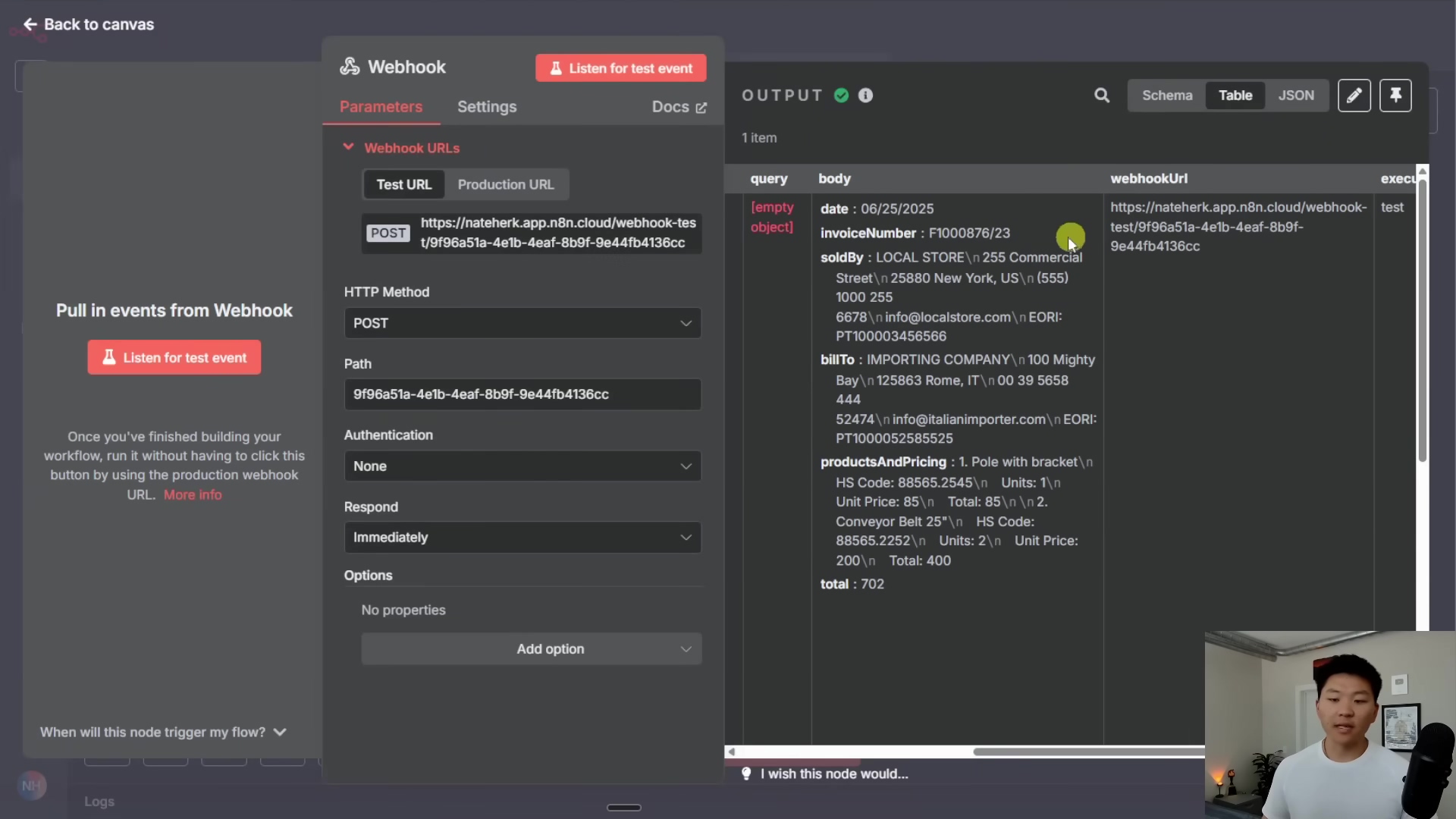 The image displays a split-screen view of the n8n interface, focusing on a 'Webhook' node configuration on the left and its 'OUTPUT' on the right. The left panel shows settings for the Webhook, including 'Test URL' and 'Production URL', HTTP method (POST), and authentication options. The right panel, labeled 'OUTPUT', shows the parsed data from an incoming webhook request, specifically detailing an invoice with fields like 'date', 'invoiceNumber', 'soldBy', 'billTo', and 'ProductsAndPricing'. A person is visible in the bottom right corner, looking towards the screen.