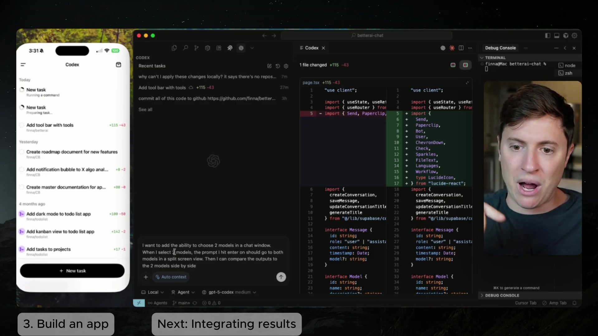 Mobile task list and IDE code editor with chat interface