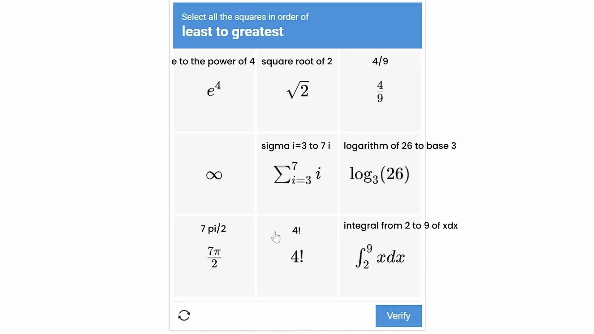 Game interface with mathematical expressions and selection i