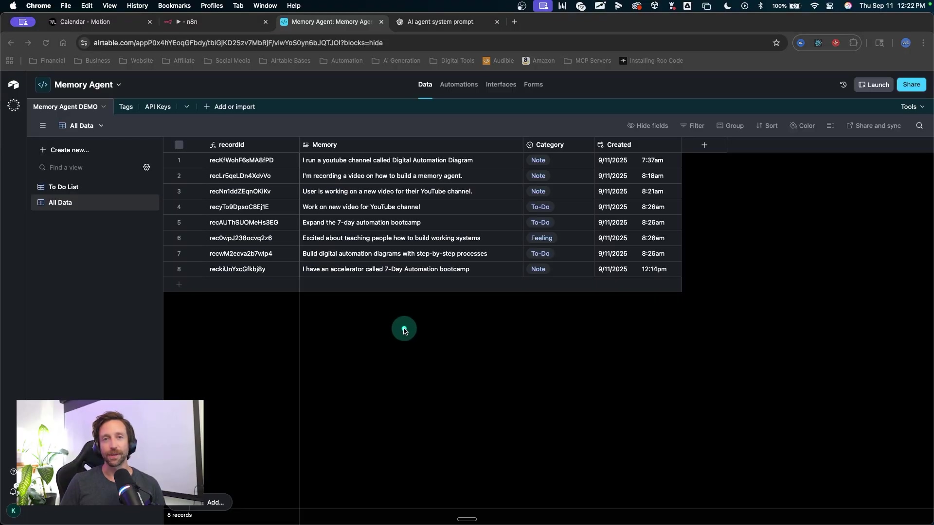 The image displays an Airtable interface for a 'Memory Agent' database. The main area shows a table with columns for 'recordId', 'Memory', 'Category', and 'Created'. There are 8 records visible, each containing a unique ID, a memory entry (e.g., "I run a youtube channel called Digital Automation Diagram", "I'm recording a video on how to build a memory agent"), a category (e.g., "Note", "To-Do", "Feeling"), and a creation date (all 9/11/2025). The top bar of the Airtable interface includes tabs like 'Data', 'Automations', 'Interfaces', and 'Forms'. A green 'Launch' button and a 'Share' button are visible on the top right. Below the table, a green 'Add...' button is present. A small video of a man speaking is overlaid on the bottom left corner of the screen.
