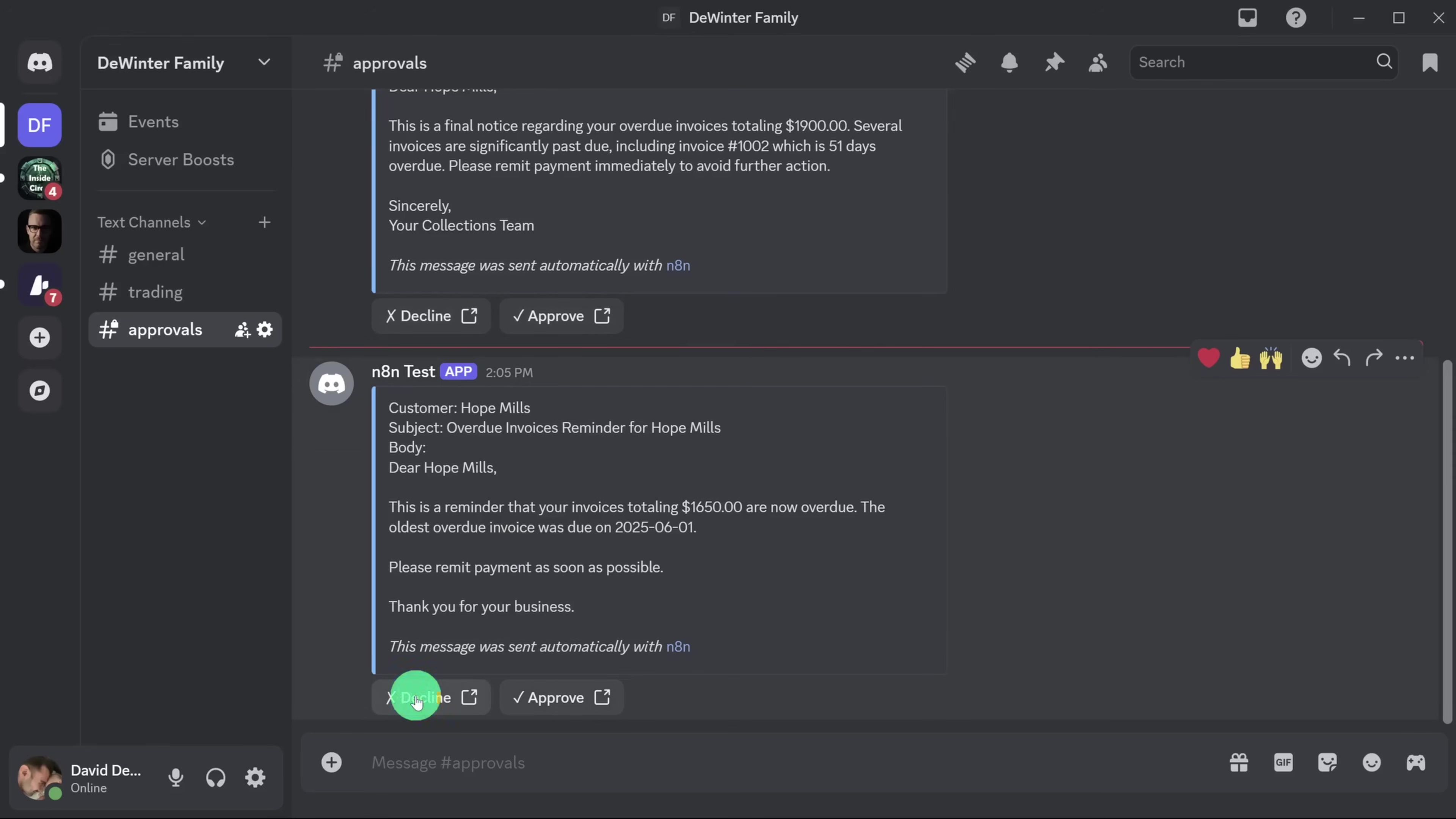 The image displays a Discord chat interface, showing messages related to invoice reminders and approvals. The left sidebar shows 'DeWinter Family' server with channels like 'Events', 'Server Boosts', 'Text Channels', 'general', 'trading', and 'approvals'. The main chat area shows two messages. The first message, from 'n8n', is a final notice regarding your overdue invoices totaling $1900.00, with an invoice #1002 being 51 days overdue. It includes 'X Decline' and '✓ Approve' buttons. The second message, from 'n8n Test APP', is a reminder for Hope Mills for invoices totaling $1650.00, with the oldest overdue invoice from 2025-04-01. This message also has 'X Decline' and '✓ Approve' buttons. The bottom of the screen shows a message input field and user status 'David DeWinter Online'.