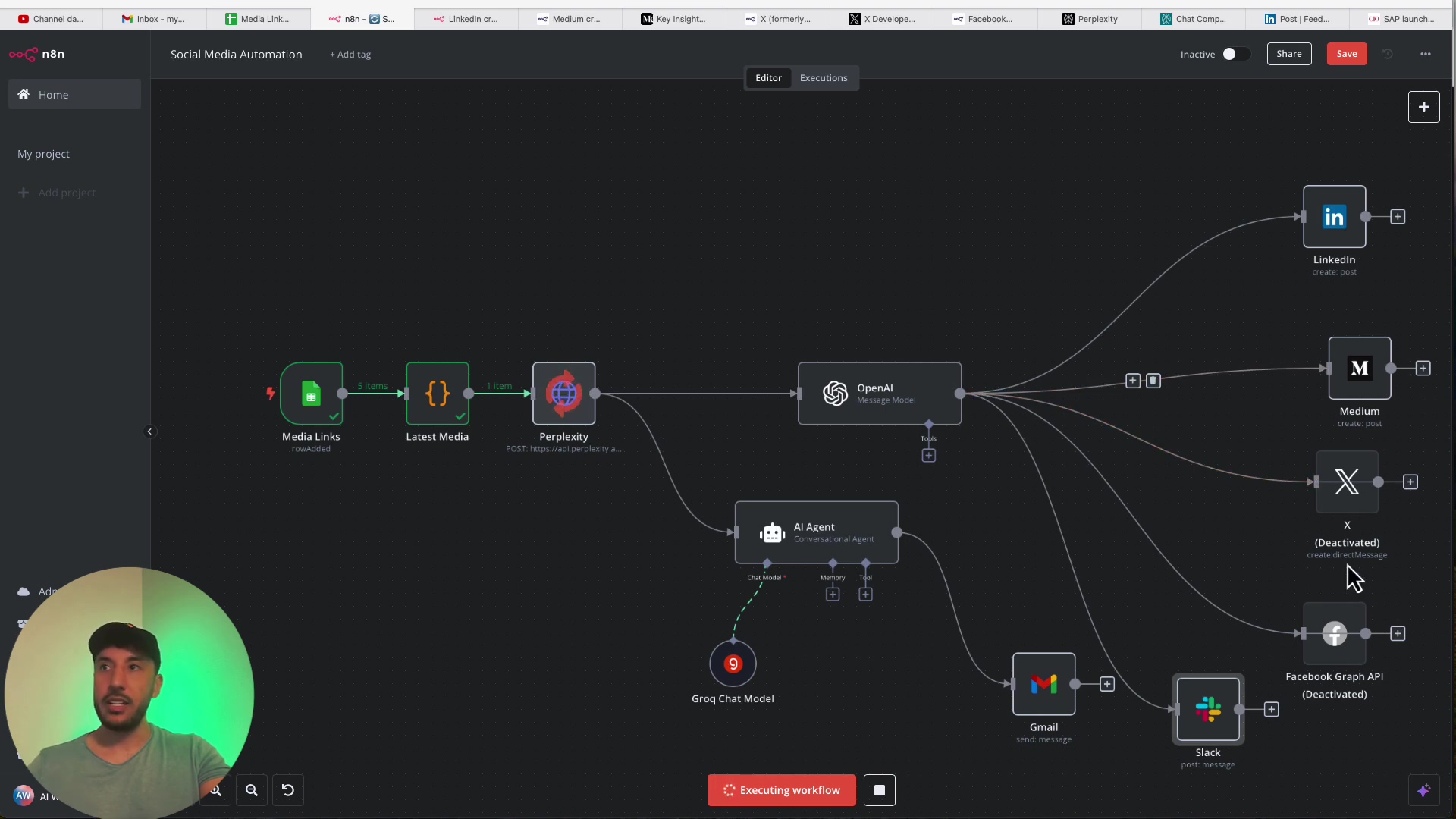 The image displays the n8n workflow editor with a complex automation flow. The workflow starts with a 'Media Links' node (Google Sheets trigger) labeled 'rowAdded', followed by a 'Latest Media' code node. This leads to a 'Perplexity' HTTP node, which then branches into an 'OpenAI Message Model' and an 'AI Agent' (Conversational Agent) node. The 'OpenAI Message Model' connects to 'LinkedIn', 'Medium', and 'X (Deactivated)' nodes. The 'AI Agent' node connects to 'Gmail' and 'Slack (Deactivated)' nodes. A 'Groq Chat Model' node is also visible, connected to the 'AI Agent'. The workflow shows various connections and data flow between these nodes. A person is visible in the bottom left corner, looking at the screen.