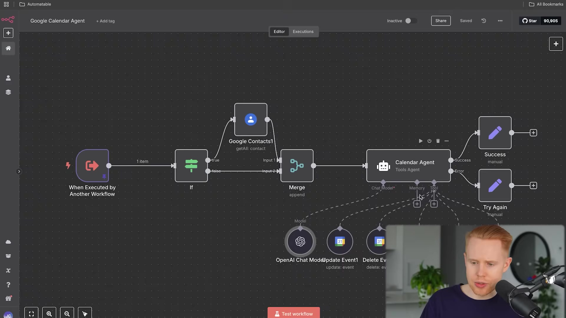 The image displays a dark-themed n8n workflow interface, showing a complex automation flow for a 'Google Calendar Agent'. The workflow starts with a 'When Executed by Another Workflow' node, leading to an 'If' node, then to 'Google Contacts' and 'Merge' nodes. From the 'Merge' node, the flow connects to a 'Calendar Agent' node, which then branches to 'Success' and 'Try Again' nodes. Below the 'Calendar Agent' node, there are three smaller nodes: 'OpenAI Chat Model/Update Event', 'Delete Event', and another 'Delete Event' node, indicating actions related to calendar management. A male presenter with red hair is visible in the bottom right corner, looking towards the workflow. The top bar shows 'Automatable', 'Google Calendar Agent', '+ Add tag', 'Inactive', 'Share', 'Saved', 'Star 90,905'. A 'Test workflow' button is at the bottom center.