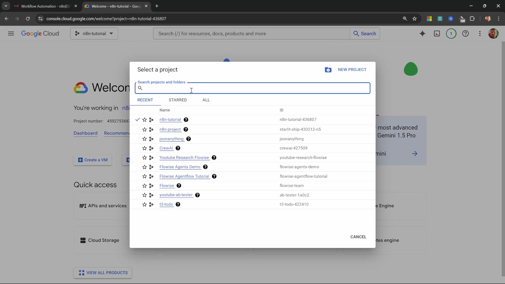 Google Cloud console project selection dropdown