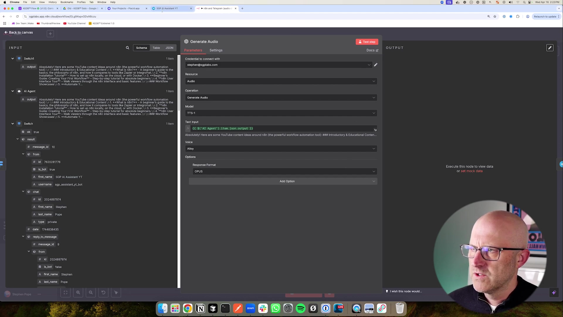 The image displays a split view of a software interface on the left and a person in the bottom right corner. The main interface shows a 'Generate Audio' module within a workflow automation tool, likely n8n. On the left panel, there's a 'Switch' node with input and output data, including 'message_id', 'from', and 'chat' details. The 'Generate Audio' module on the right has fields for 'Credentials', 'Resource', 'Operation', 'Model', 'Text input', 'Voice', 'Options', and 'Response Format', with 'OPUS' selected for the response format. The text input field contains a long string of text. The person in the bottom right, wearing glasses, is looking intently at the screen, with a slight smile. The overall color scheme of the software is dark gray with white and light blue text.