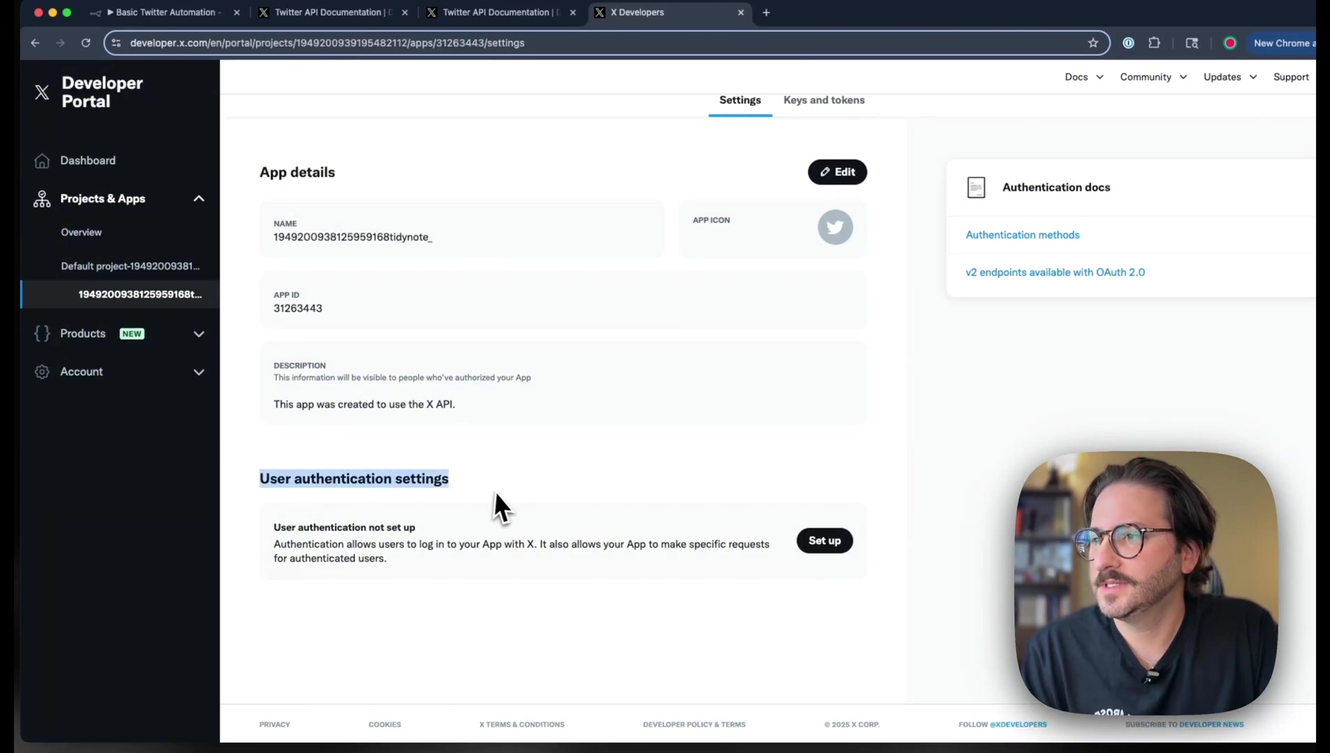X Developer Portal app details with user authentication setu