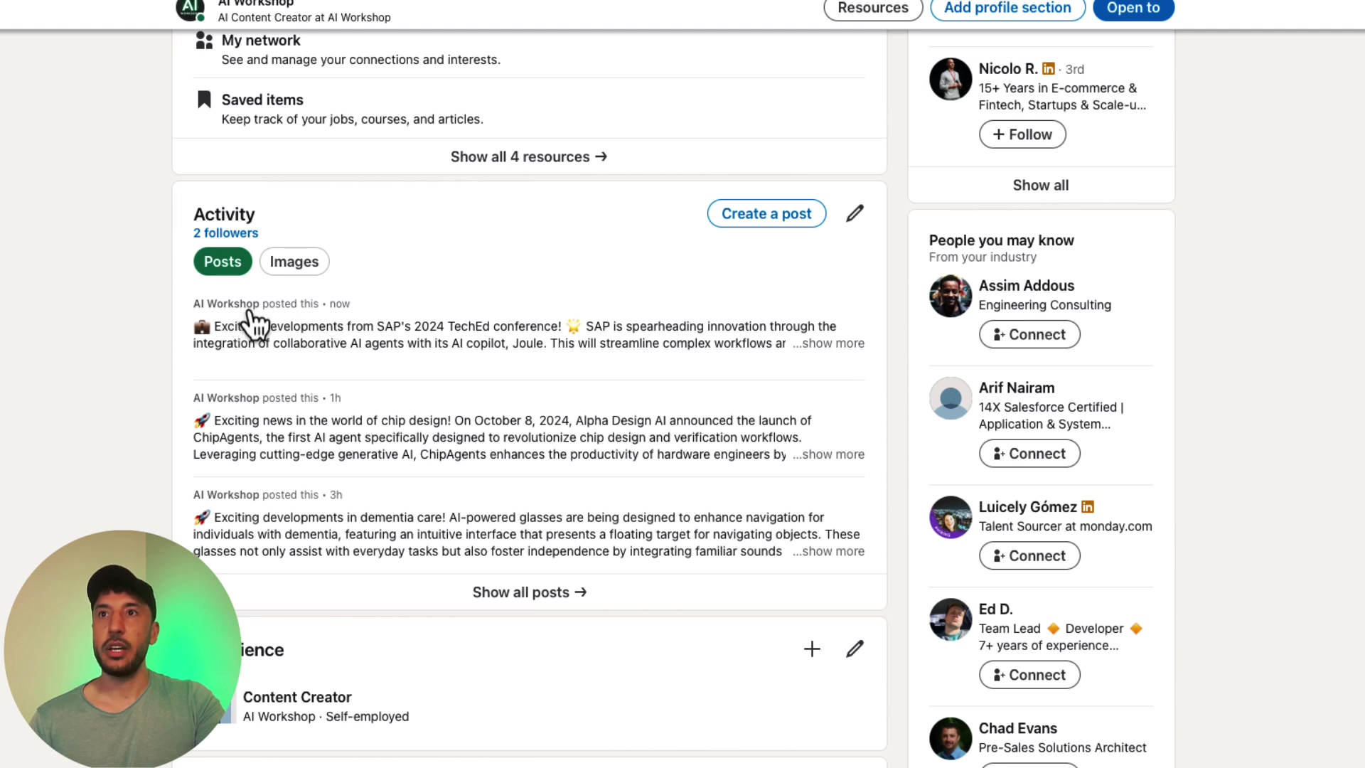 The image displays a LinkedIn profile page, likely showing the results of an automated social media post. The profile belongs to 'AI Workshop' and shows 'Activity' with 'Posts' and 'Images' tabs. Under 'Posts', there are several entries, including one titled 'Exciting developments from SAP's 2024 TechEd conference!' posted 'now', and another about 'Exciting news in the world of chip design!' posted '1h' ago. The right sidebar shows 'People you may know' with suggestions like 'Nicollo R.', 'Assim Addous', and 'Arif Nairam'. A person's head is visible in the bottom left corner, indicating a tutorial.