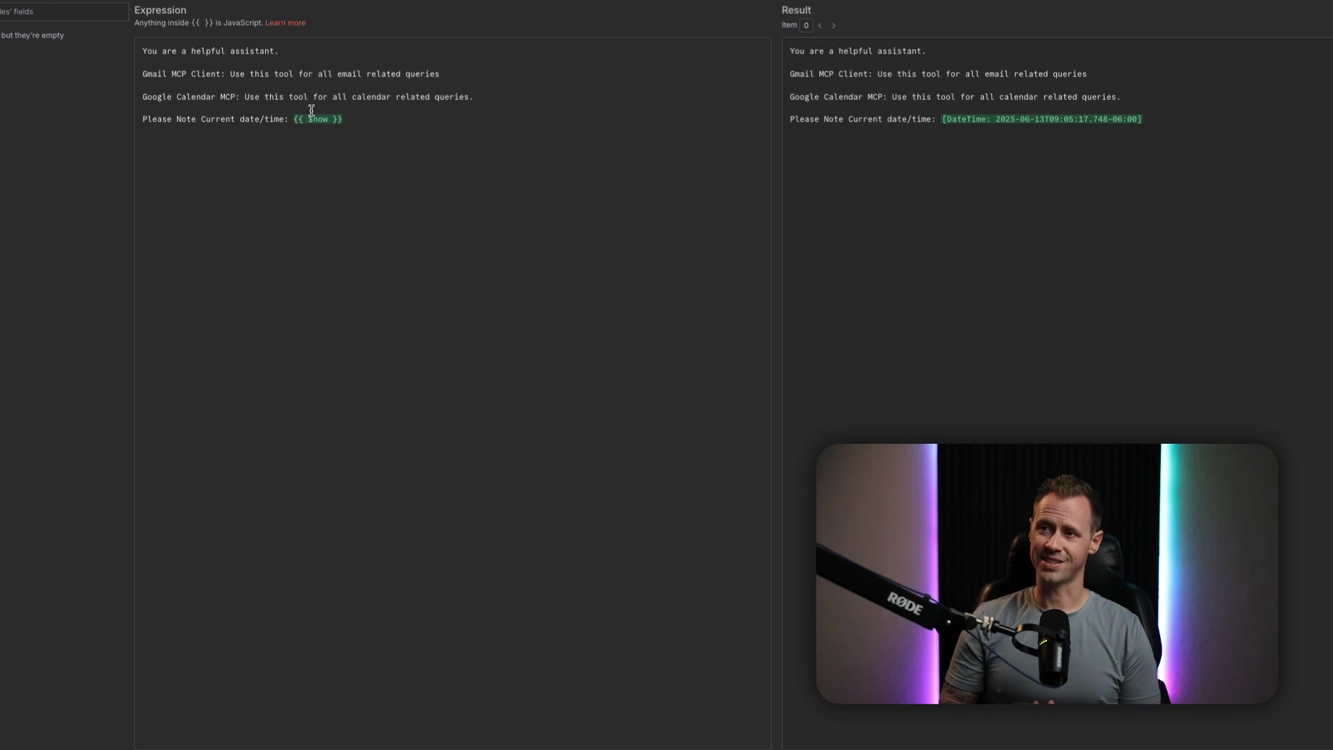 The image displays a split screen view of an n8n interface on the left and a video of a man speaking on the right. The left side shows two dark-themed panels, 'Expression' and 'Result', both containing text. The 'Expression' panel has text describing a helpful assistant and tools for Gmail and Google Calendar queries, with a placeholder for current date/time. The 'Result' panel shows similar text but with a specific date and time filled in. The right side features a man with short brown hair and a grey t-shirt, sitting in front of a microphone, looking towards the right side of the frame. The background behind him is dark with purple and green lighting elements, suggesting a studio or gaming setup. The man is actively speaking, indicated by his mouth being open.