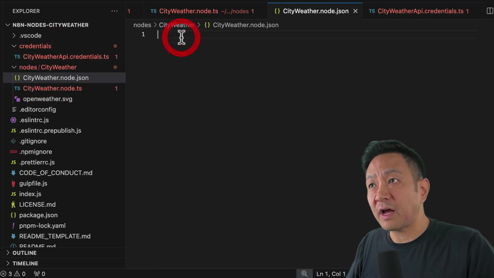 The image shows a screen capture of code in an IDE, likely VS Code, with a man's face visible in the lower right corner. The code appears to be related to creating a custom node for n8n, with file names like 'CityWeather.node.json' visible in the file explorer on the left. The code editor is currently empty.