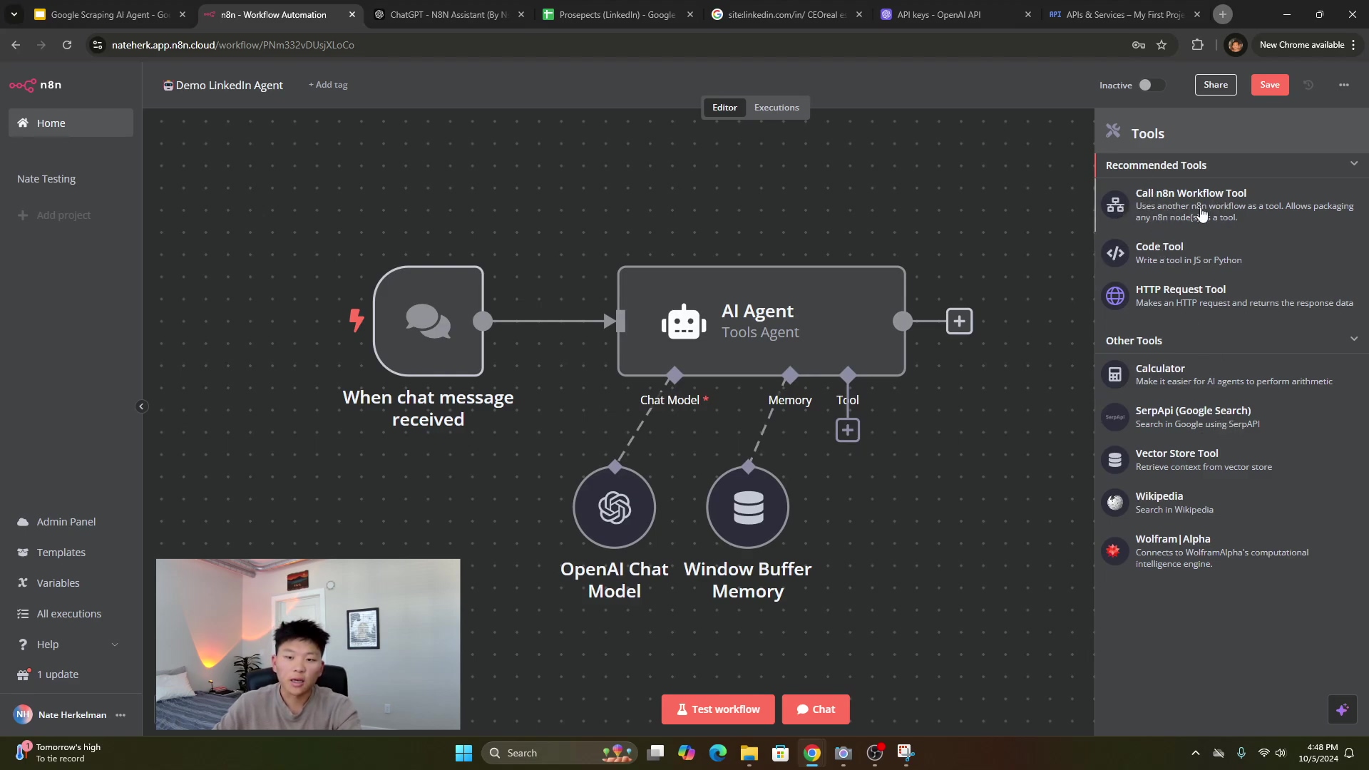 The image displays the n8n workflow automation interface, now populated with several interconnected nodes forming an 'AI Agent' workflow. The central nodes include 'When chat message received', 'AI Agent Tools Agent', 'OpenAI Chat Model', 'Window Buffer Memory', and 'Tool'. On the right sidebar, a 'Tools' panel is open, listing 'Recommended Tools' and 'Other Tools' such as 'Call n8n Workflow Tool', 'Code Tool', 'HTTP Request Tool', 'Calculator', 'SerpAPI (Google Search)', 'Vector Store Tool', and 'Wikipedia'. A small video overlay of a person speaking is in the bottom left corner. The workflow visually represents the components of the AI agent.