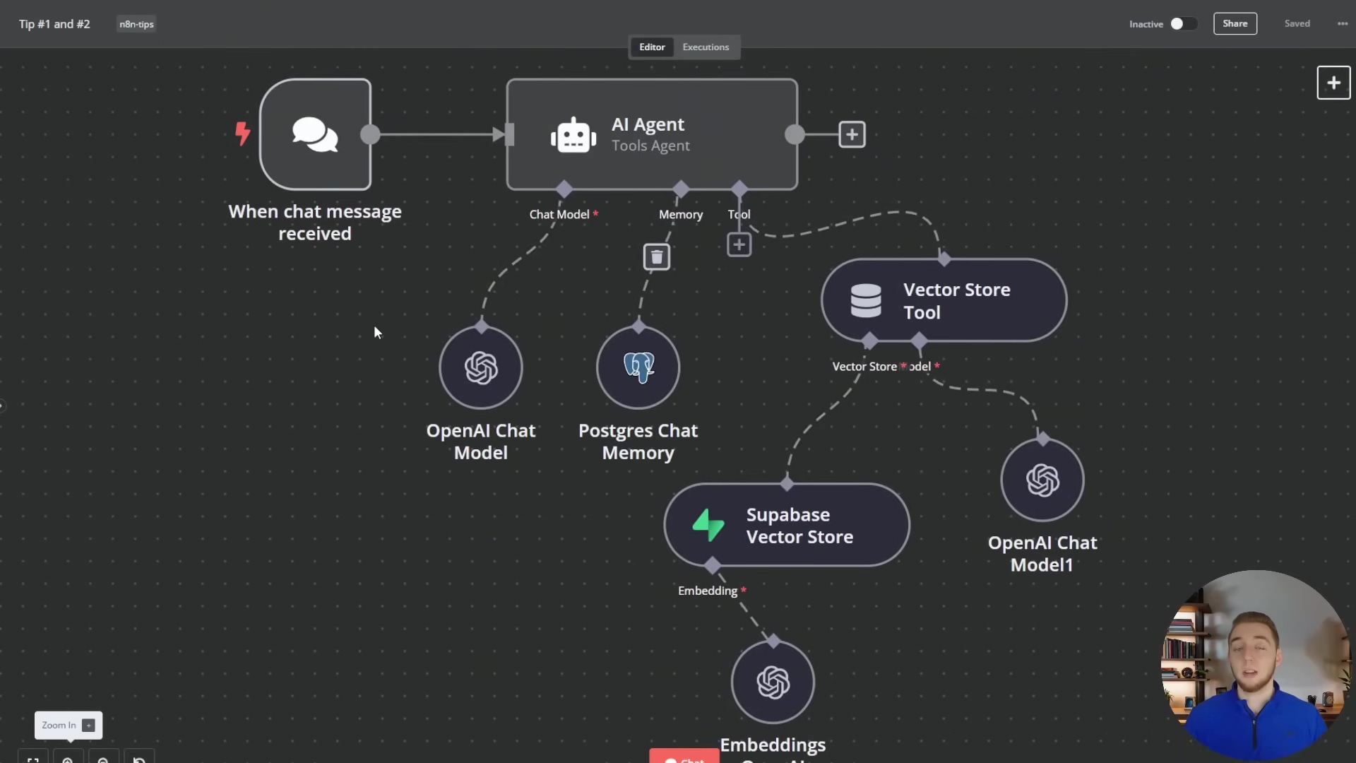 The image displays a dark-themed n8n workflow interface, featuring a series of interconnected nodes representing an AI agent automation. The workflow starts with a 'When chat message received' node, leading to an 'AI Agent Tools Agent' node. This agent connects to 'OpenAI Chat Model', 'Postgres Chat Memory', and 'Vector Store Tool'. The 'Vector Store Tool' further connects to 'Supabase Vector Store' and 'OpenAI Chat Model1', which then links to 'Embeddings'. A small preview of the presenter is visible in the bottom right corner. The top left corner shows 'Tip #1 and #2' and 'n8n-tips'. UI elements like 'Editor', 'Executions', 'Inactive', 'Share', and 'Saved' are visible at the top.