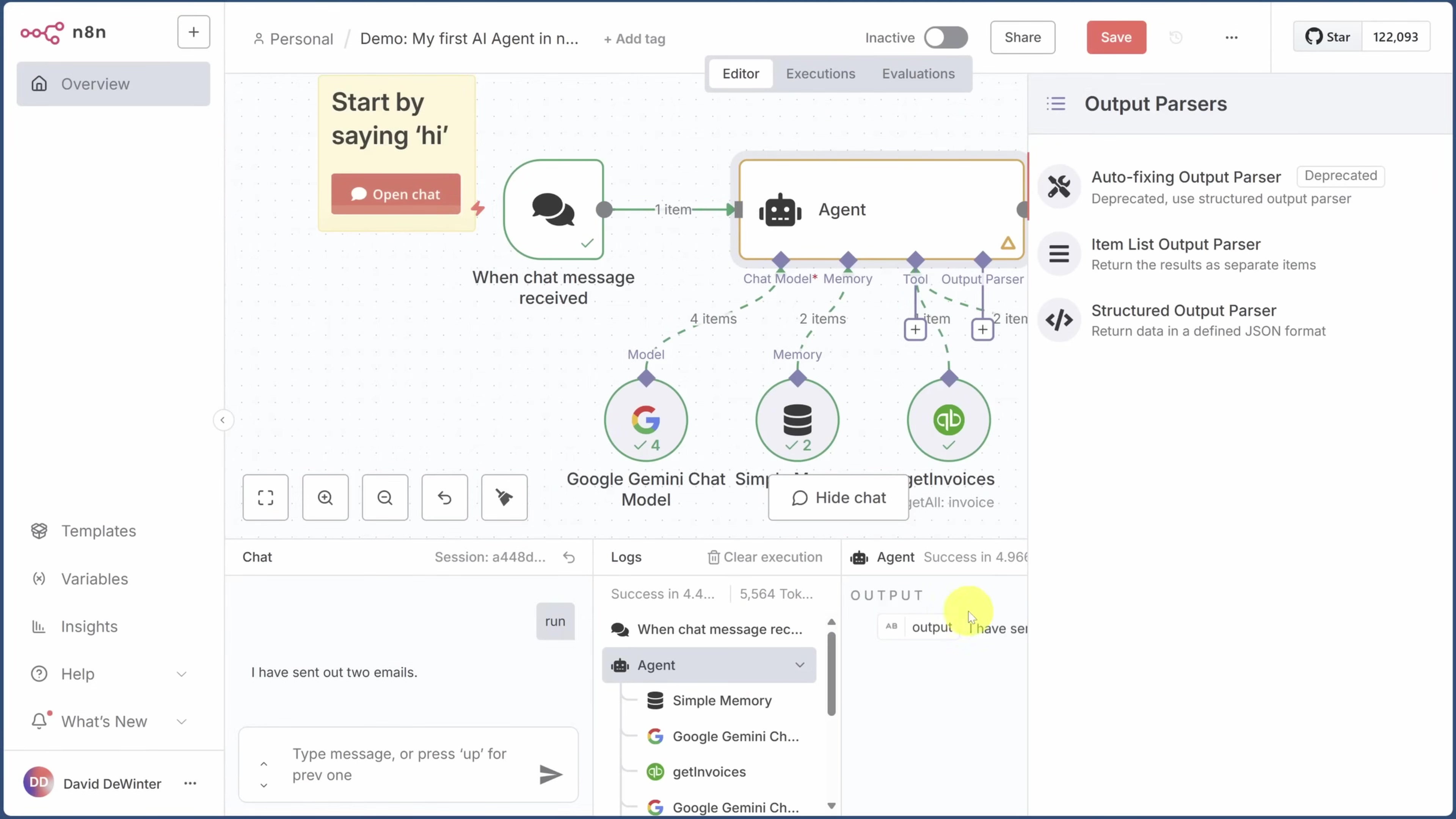 The image displays the n8n workflow editor interface, showing a visual representation of an AI agent workflow. The main canvas features interconnected nodes, including 'Start by saying 'hi'', 'When chat message message received', 'Agent', 'Google Gemini Chat Model', 'Simple Memory', and 'getInvoices'. A chat window is visible at the bottom left, showing a message 'I have sent out two emails.' and an input field 'Type message, or press 'up' for prev one'. On the right side, an 'Output Parsers' panel is open, listing 'Auto-fixing Output Parser', 'Item List Output Parser', and 'Structured Output Parser'. A 'Logs' section is also visible below the workflow, displaying 'Success in 4.4...' and 'OUTPUT' with 'I have sent'. The overall interface is clean with a light background and dark text.
