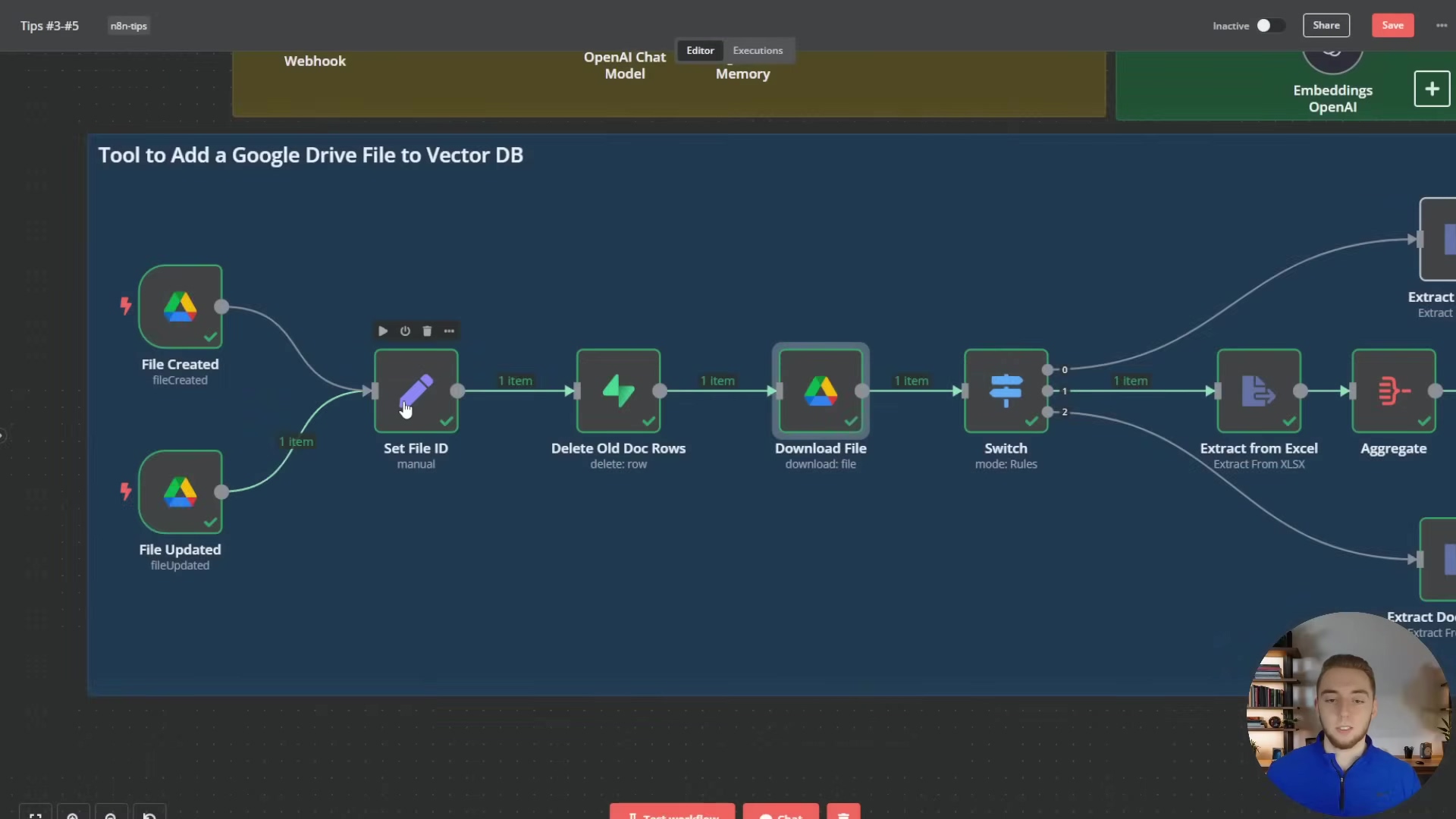 The image shows a close-up of the 'Tool to Add a Google Drive File to Vector DB' workflow within the n8n interface. Several nodes are visible and connected: 'File Created' and 'File Updated' (both with '1 item' output) merge into a 'Set File ID' node (labeled 'manual', also with '1 item' output). This connects to 'Delete Old Doc Rows' (labeled 'delete_row', '1 item' output), then to 'Download File' (labeled 'download: file', '1 item' output), and finally to a 'Switch' node (labeled 'mode: Rules', '1 item' output). A small pencil icon is visible on the 'Set File ID' node, indicating it's editable. The background is a dark blue canvas, and a young man is visible in the bottom right corner, looking at the screen.