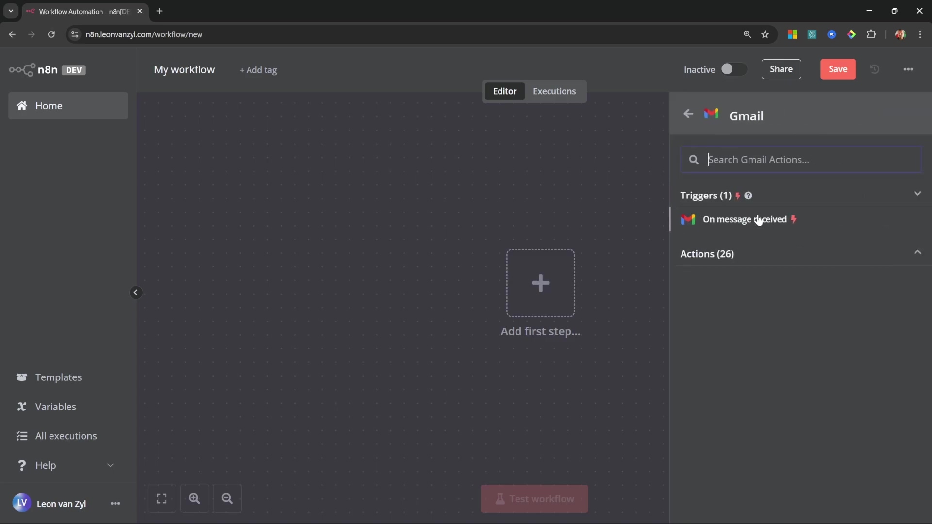N8N workflow editor adding Gmail 'On Message Received' trigg