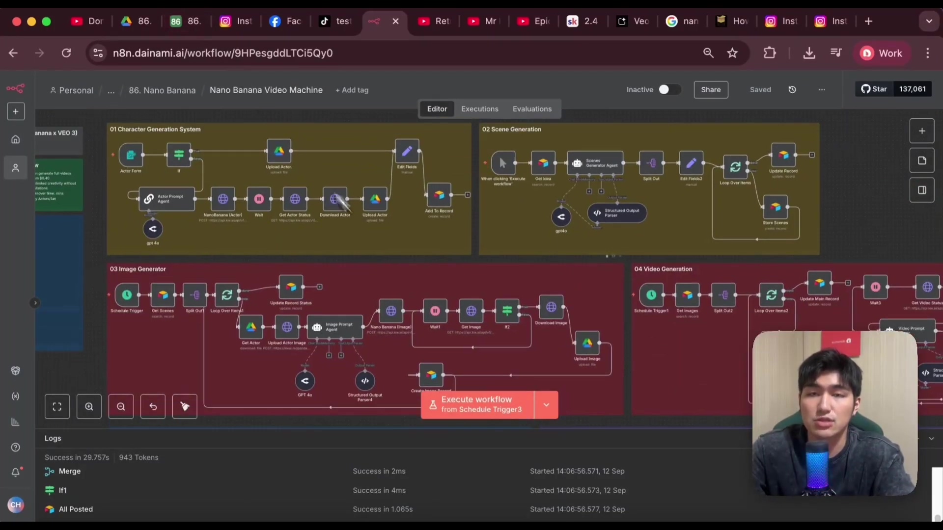 The image displays an n8n workflow interface, a low-code automation platform, with a dark theme. The workflow is titled 'n8n.dainami.ai/workflow/9HPesgddLTCi5Qy0' and 'Nano Banana Video Machine'. The main canvas shows interconnected nodes organized into sections: '01 Character Generation System', '02 Scene Generation', '03 Image Generator', and '04 Video Generation'. Each section contains various nodes representing different steps in the automation process, such as 'Actor Form', 'Upload Actor', 'Edit Fields', 'NanoBanana (Script)', 'GPT 4o', 'Schedule Trigger', 'Get Scenes', 'Split Out', 'Update Record Status', 'Image Prompt Agent', 'Nano Banana (Image)', 'Get Image', 'Download Image', 'Video Prompt Agent'. A red pop-up box in the '03 Image Generator' section indicates 'Execute workflow from Schedule Trigger3'. The bottom left corner shows 'Logs' with 'Success in 29.75s', '943 Tokens', 'Merge', and 'IN'. The speaker is visible in the bottom right corner, gesturing with his right hand.