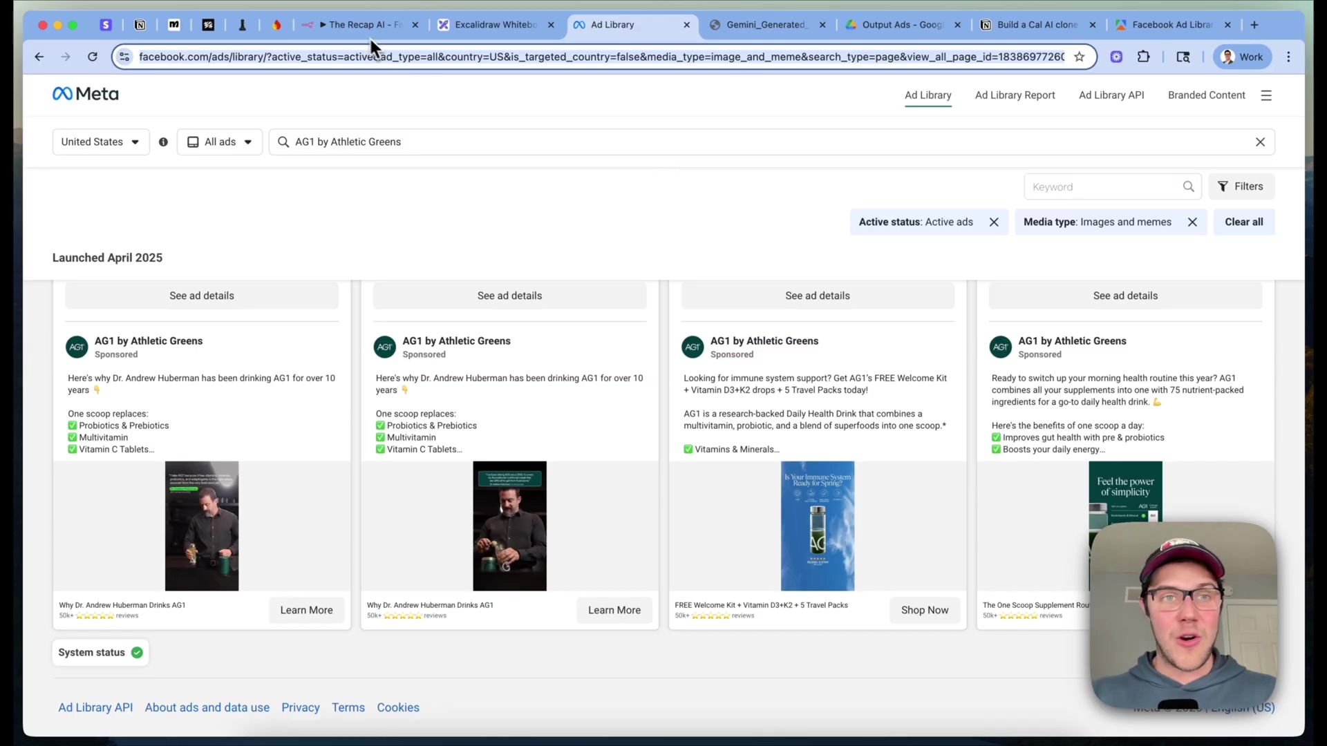 The image shows a screenshot of the Facebook Ad Library interface, displaying multiple ad creatives for 'AG1 by Athletic Greens'. Each ad card includes a thumbnail image, ad copy, and a 'See ad details' button. The interface has search and filter options, with 'Active status: Active ads' and 'Media type: Images and memes' selected. The URL in the browser bar confirms it's the Facebook Ad Library. A man's face is visible in the bottom right corner, indicating a screen recording. The ads shown are for AG1, featuring Dr. Andrew Huberman and product benefits.