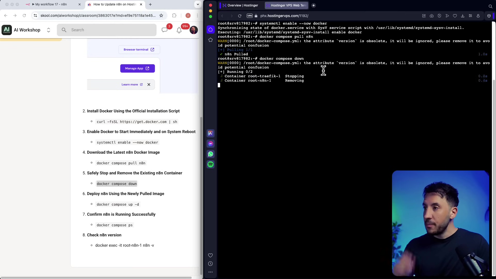 The image displays a split screen, with the left side showing a web page titled "AI Workshop" with a search bar and navigation elements. The right side shows a terminal window with a dark background, displaying command-line output related to Docker and n8n. A person is visible in the bottom right corner, looking at the screen. The terminal output shows commands like 'docker compose pull n8n' and 'docker compose down', indicating a process of updating or managing n8n. The web page on the left appears to be a community or learning platform.