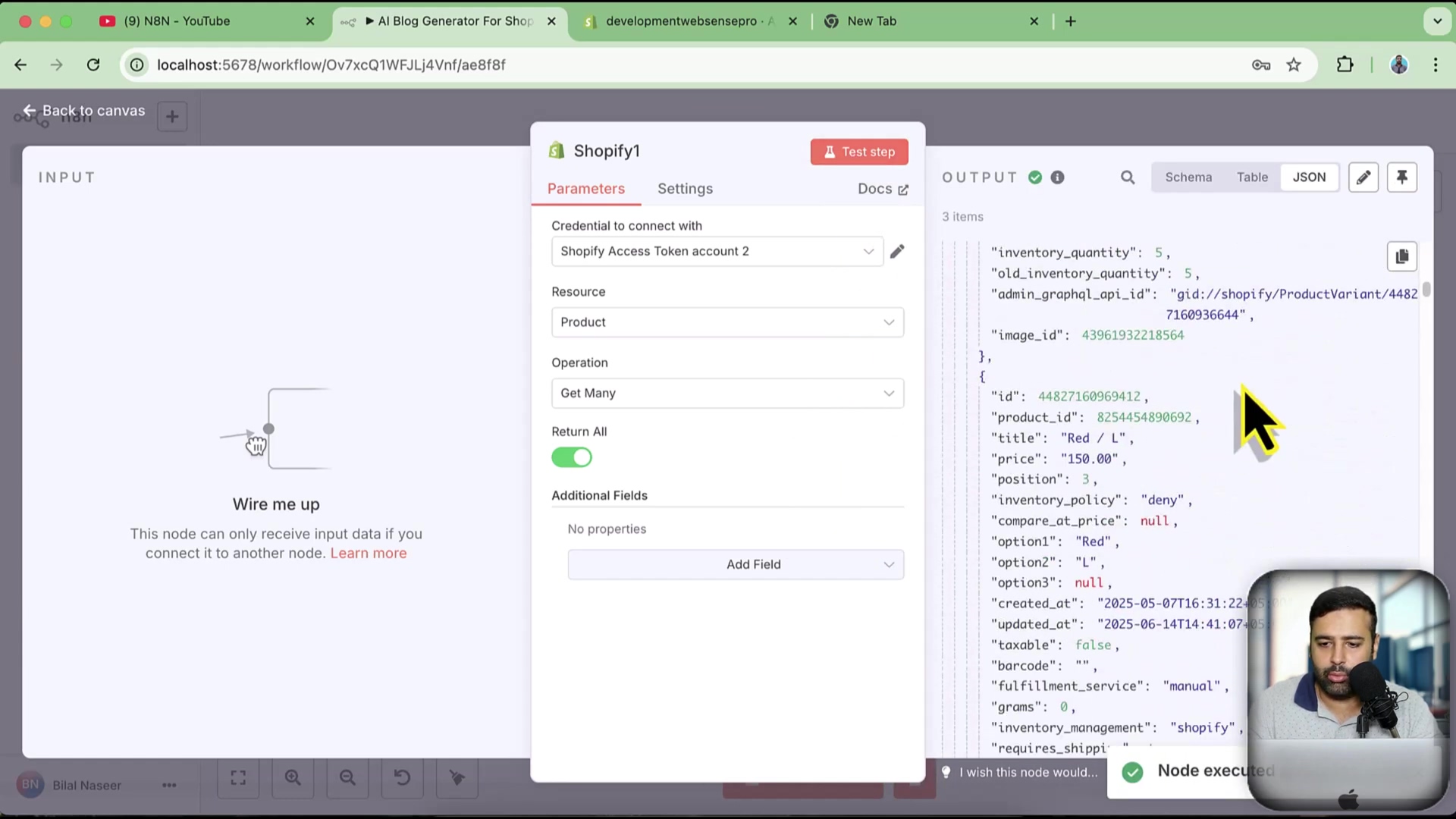 N8N Shopify node configured for product retrieval with JSON