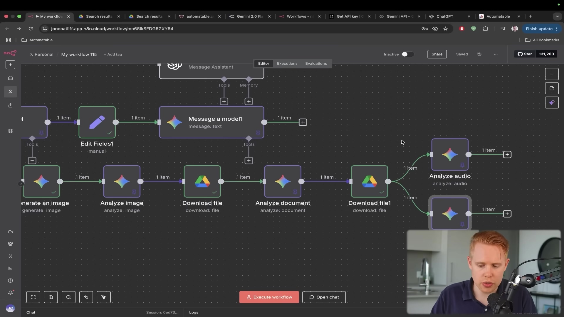 The image shows an n8n workflow diagram with several interconnected nodes. The workflow starts with a 'Tools' node, leading to 'Edit Fields1' (manual), then 'Message a model1' (message: text). From 'Message a model1', the flow splits. One path goes to 'Analyze image' (analyze: image) and 'Download file' (download: file), then 'Analyze document' (analyze: document), and finally 'Download file1'. Another path from 'Download file1' leads to two 'Analyze audio' (analyze: audio) nodes. There's also a 'Generate an image' node connected to 'Analyze image'. The workflow is labeled 'My workflow 115' and has options for 'Editor', 'Executions', and 'Evaluations'. A man with short red hair and a black t-shirt is visible in the bottom right corner, looking at the screen and speaking.