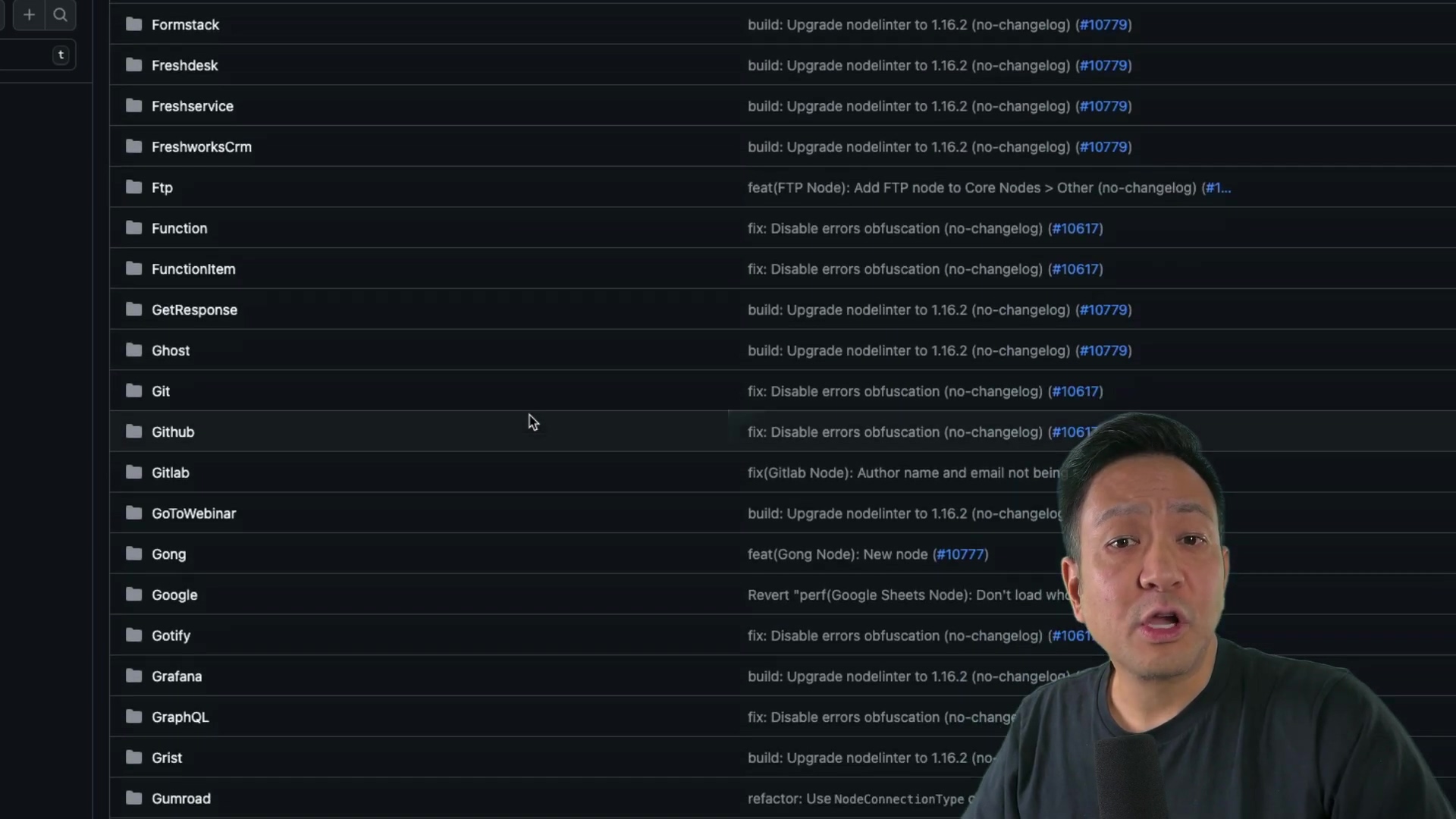 The image displays a software interface, possibly a settings or configuration panel, with a list of various modules or integrations. The list includes items such as 'Formstack', 'Freshdesk', 'FreshworksCrm', 'Ftp', 'Function', 'FunctionItem', 'GetResponse', 'Ghost', 'Git', 'Github', 'Gitlab', 'GoToWebinar', 'Gong', 'Google', 'Gotify', 'Grafana', 'GraphQL', 'Grist', and 'Gumroad'. Each item has a corresponding build or fix description. A man is visible in the lower right corner, seemingly explaining the interface.