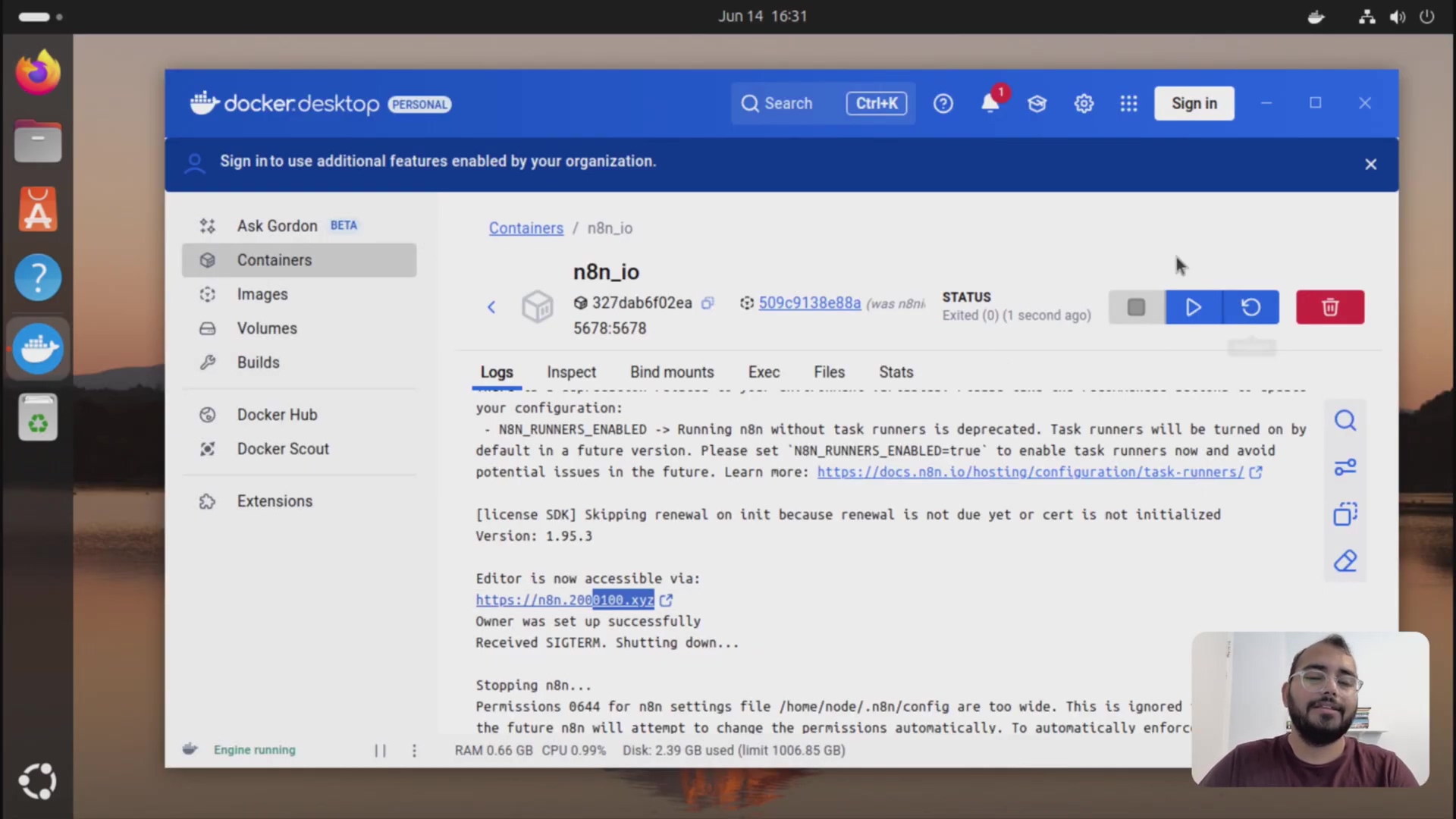 The image shows the Docker Desktop interface with the n8n container logs, indicating that the container has exited. This aligns with the video's instruction to stop and delete the container before updating.