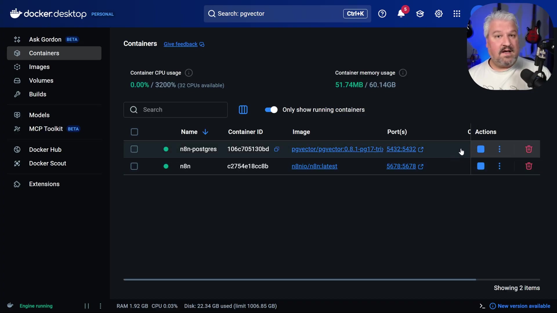 Docker Desktop showing n8n and n8n-postgres containers runni