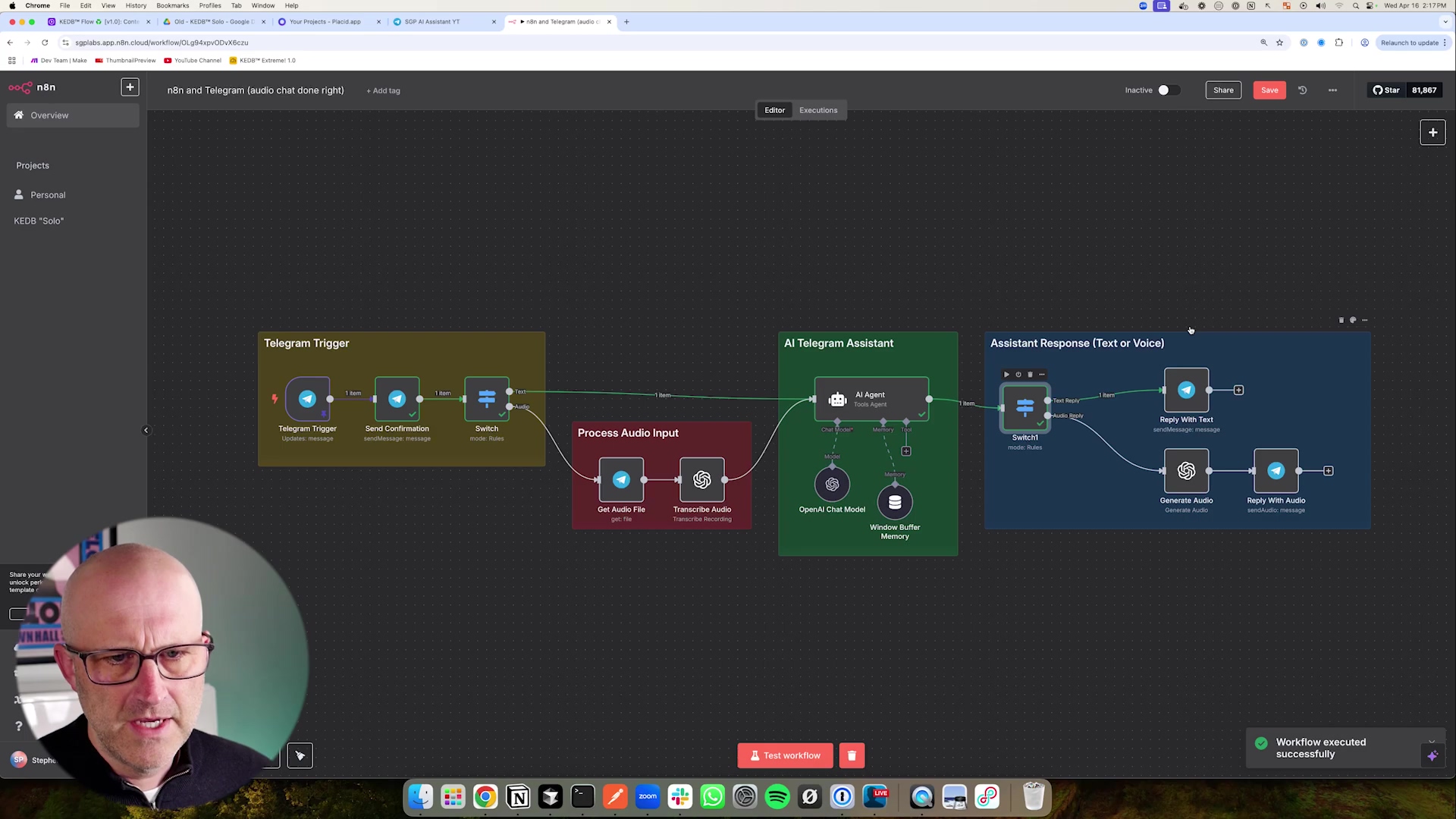 The image displays a complete n8n workflow diagram, illustrating the process of handling Telegram messages for an AI assistant. The workflow starts with a 'Telegram Trigger' node, followed by a 'Switch' node, 'Process Audio Input' (containing 'Get Audio File' and 'Transcribe Audio' nodes), 'AI Telegram Assistant' (containing 'AI Agent', 'OpenAI Chat Model', and 'Window Buffer Memory' nodes), and finally 'Assistant Response (Text or Voice)' (containing 'Switch', 'Reply With Text', 'Generate Audio', and 'Reply With Audio' nodes). Green lines connect the nodes, indicating the flow of data. A male presenter is visible in the bottom left corner, looking towards the screen. The bottom right shows 'Workflow executed successfully' in a green box. The top of the screen shows browser tabs and system information.