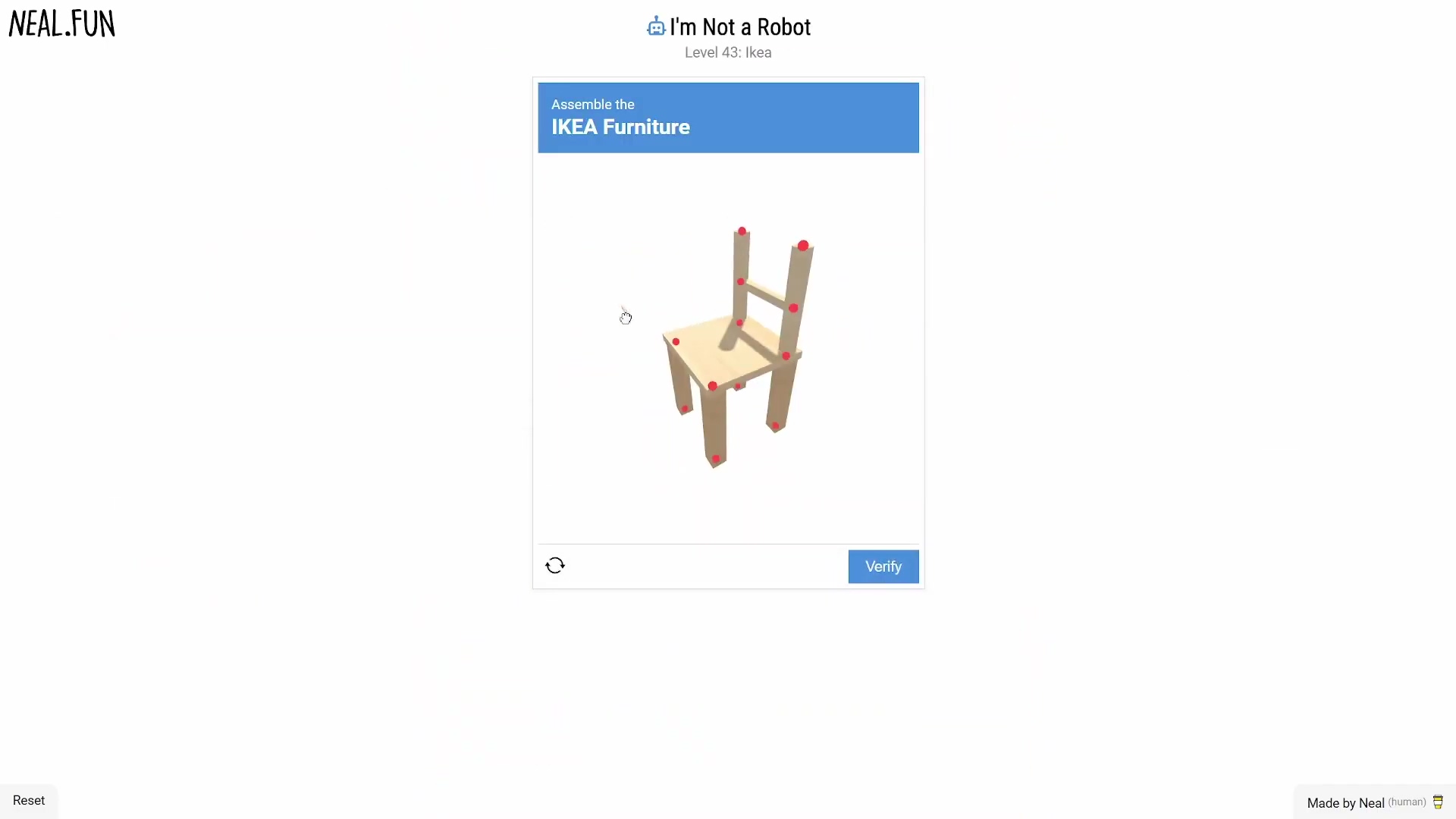 Partially assembled virtual chair with a mouse cursor over a