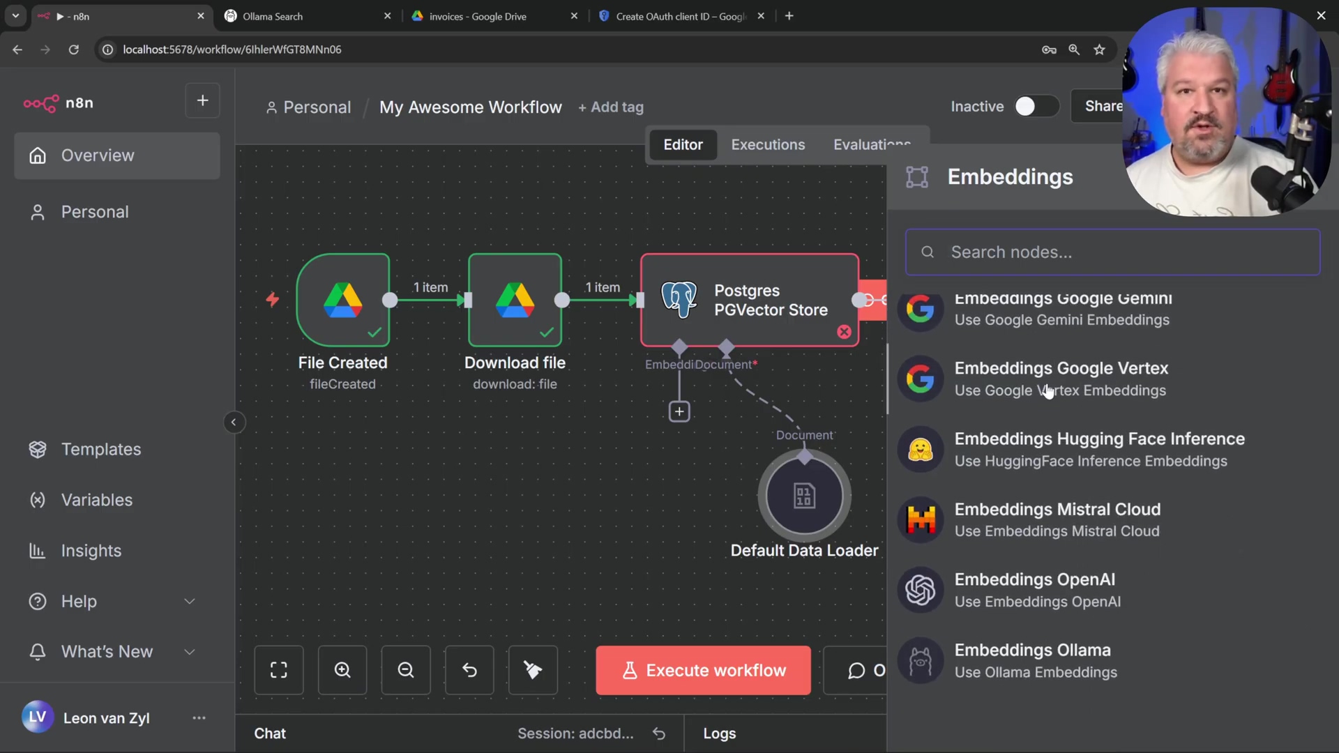 n8n workflow with Embeddings menu showing Ollama option