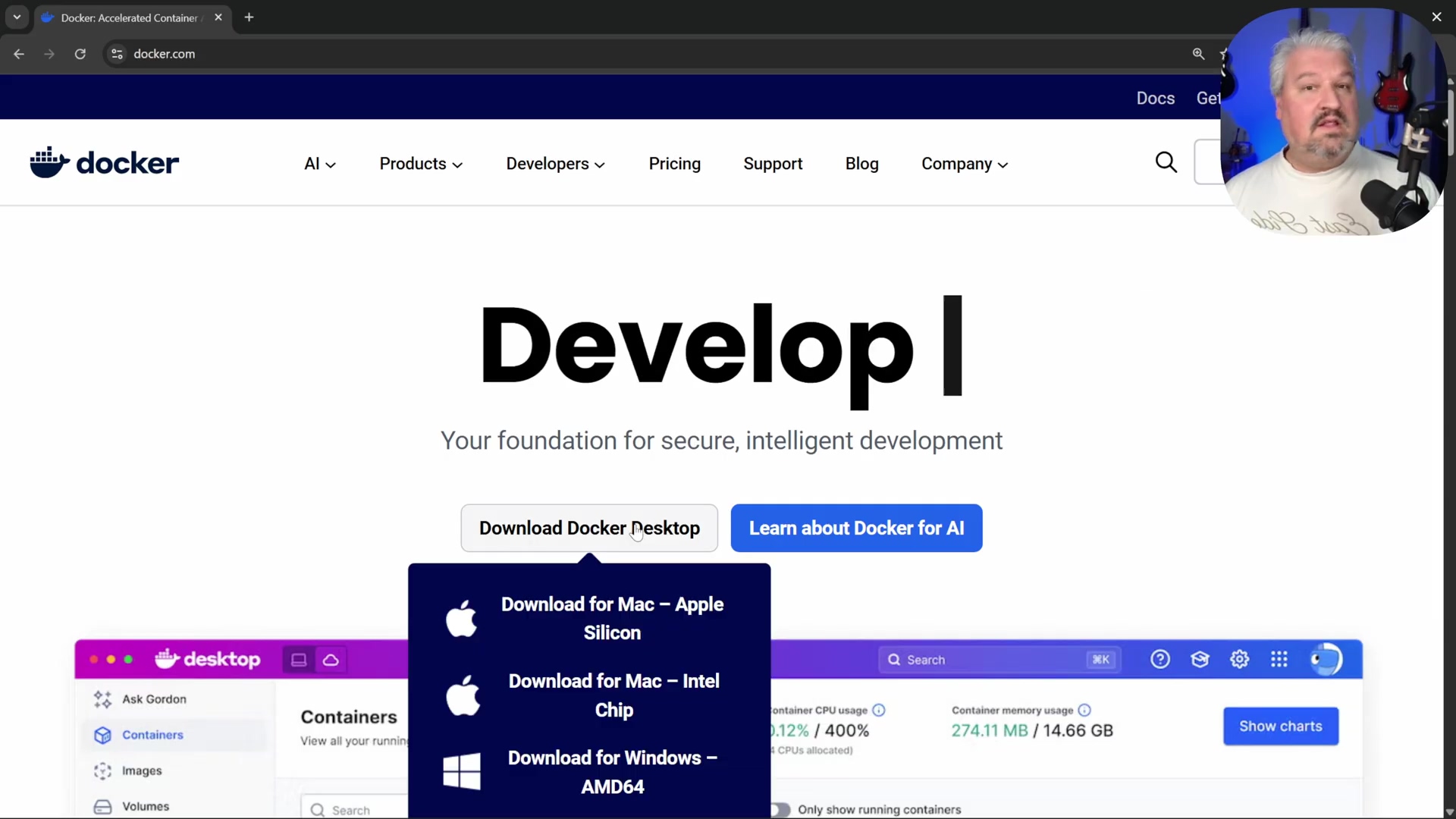 Docker.com download page with Docker Desktop download option